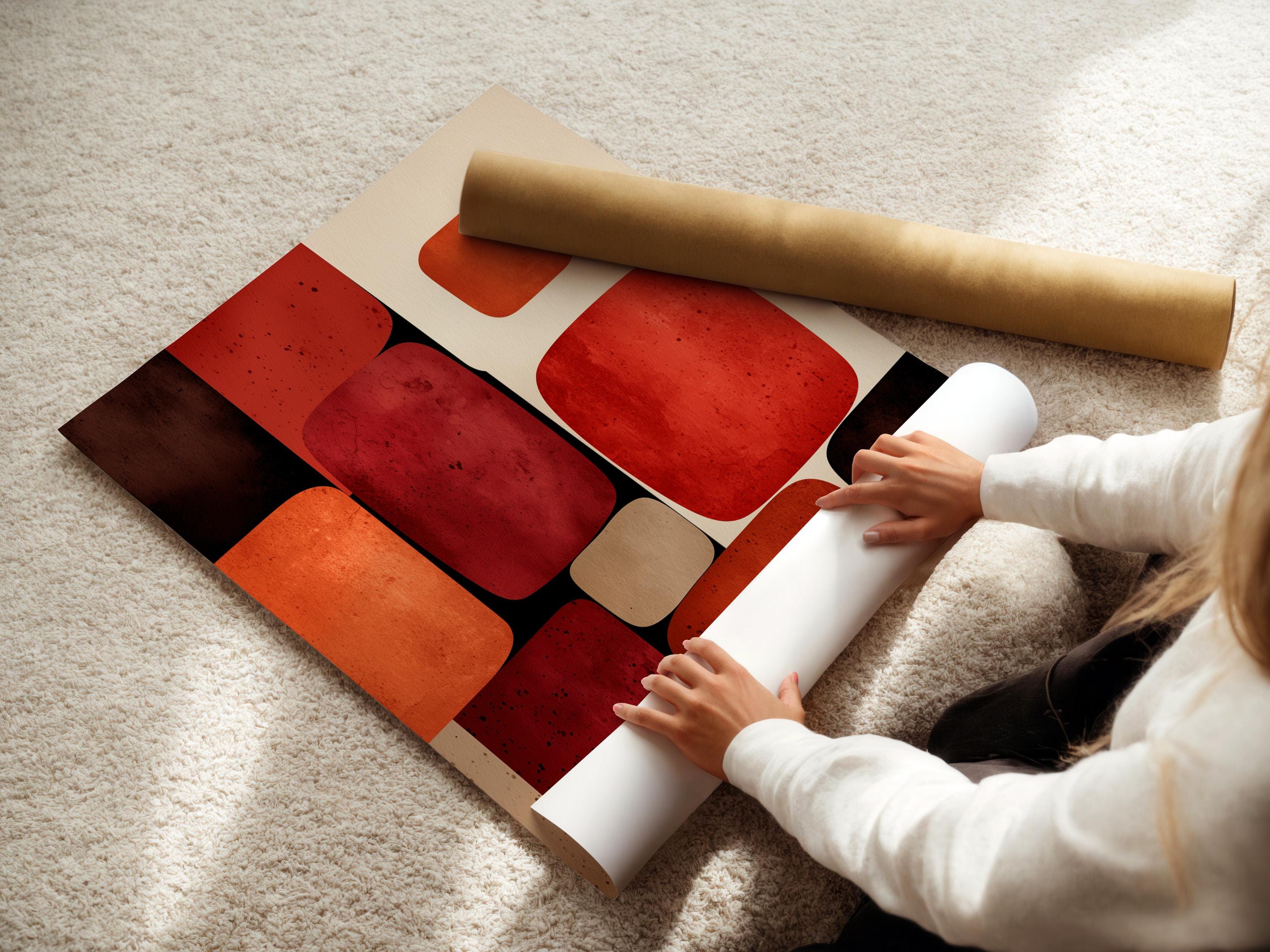 Abstract geometric artwork with rounded rectangles in burnt sienna, terracotta, deep red and cream detail view