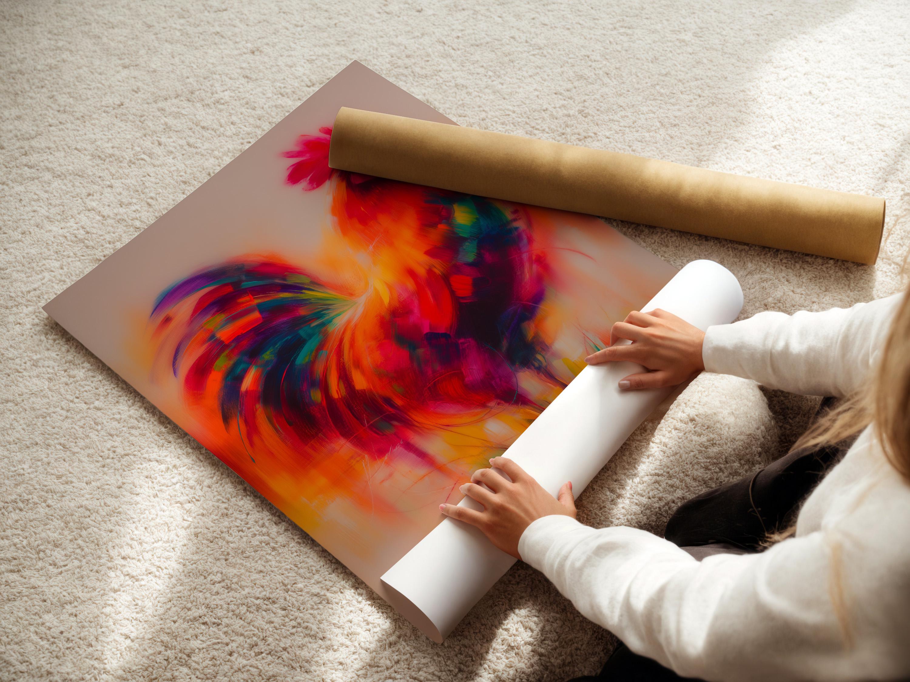 A framed rooster wall artwork in warm orange, pink, and purple colours on a white background