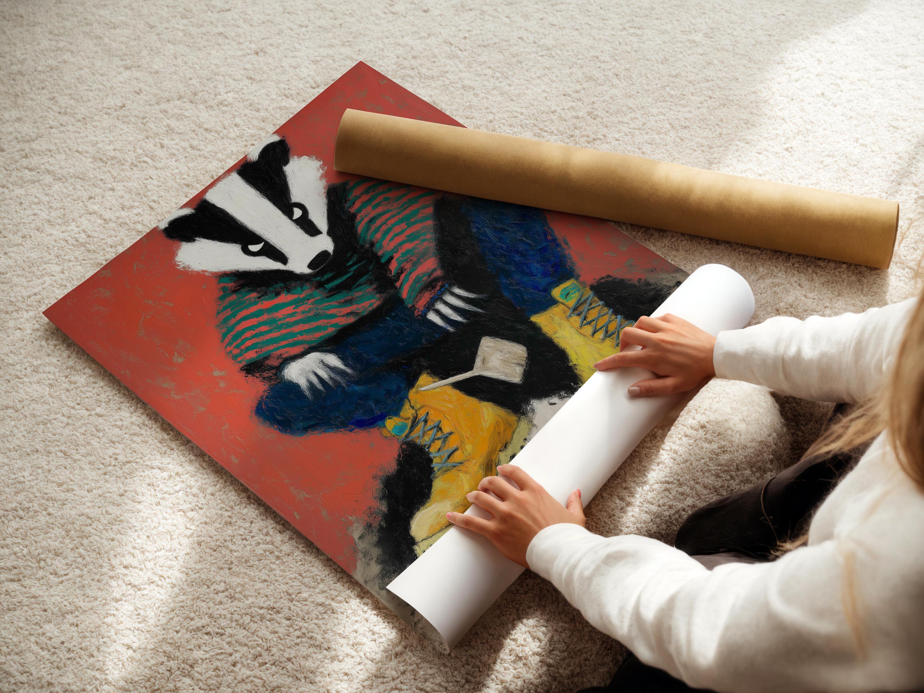 A stylised badger portrait fills the centre, with bold coral-red stripes and blue-and-yellow clothing-like shapes beneath a folk-art colour palette