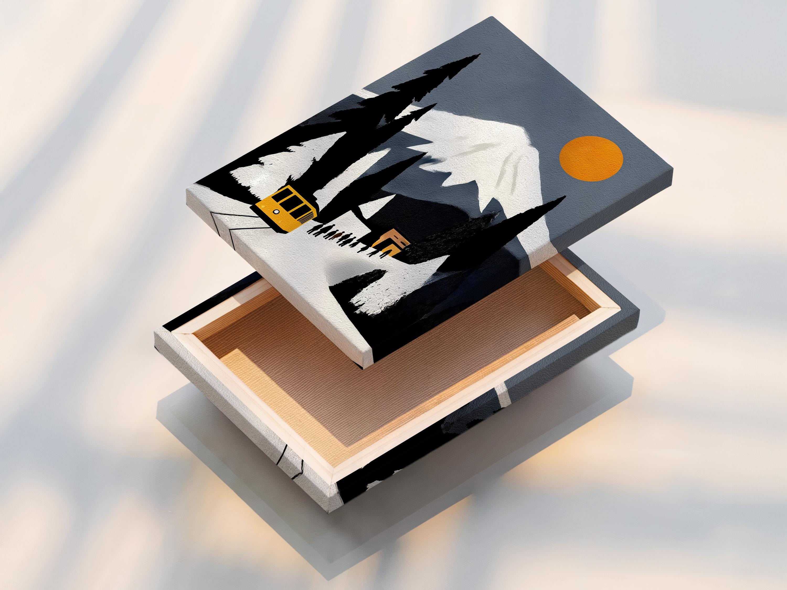 Room mockup showing a framed yellow train winter mountain artwork