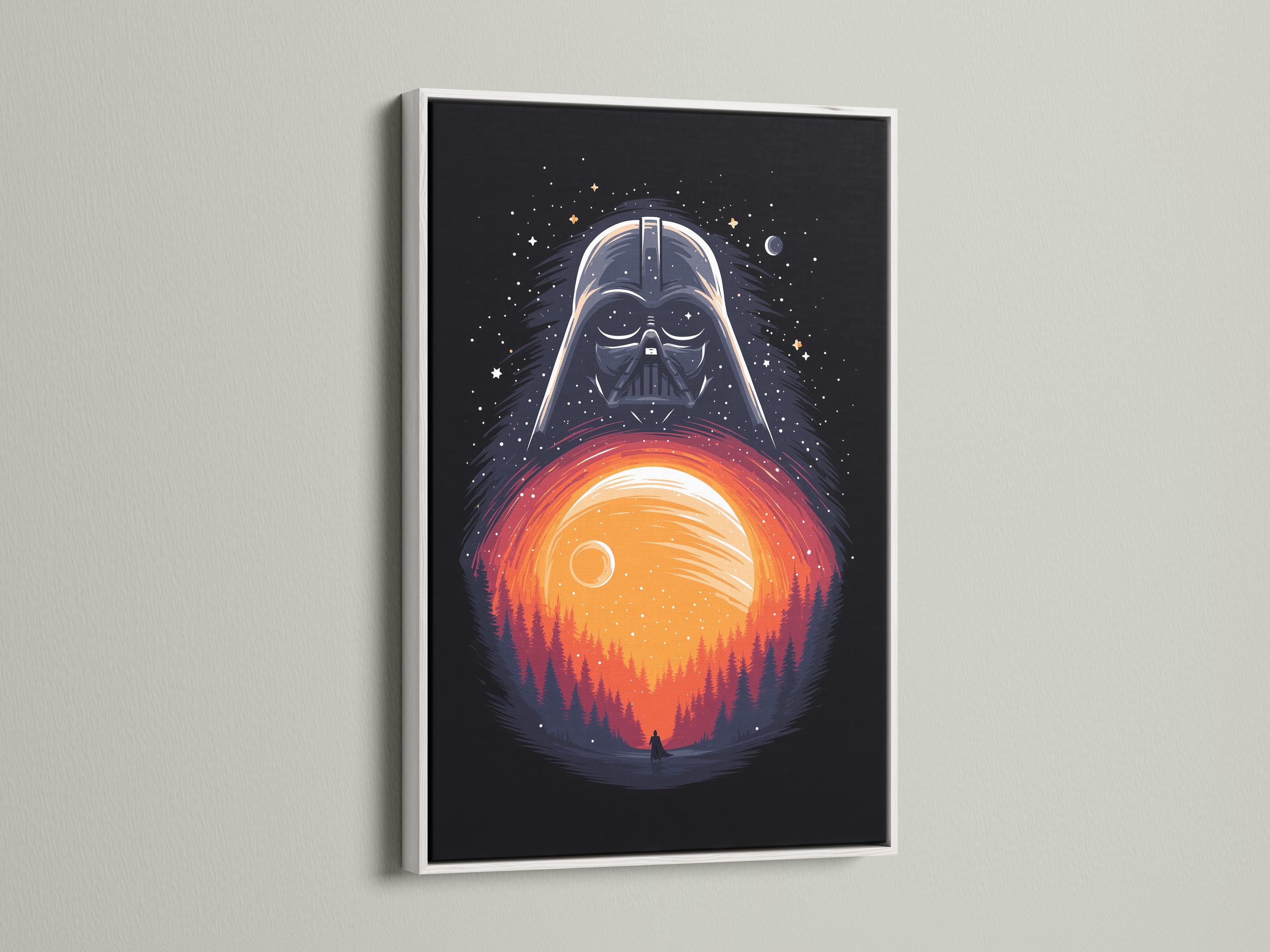 Dark sci-fi illustration of a helmeted villain above a glowing planet with stars and a forest silhouette detail view