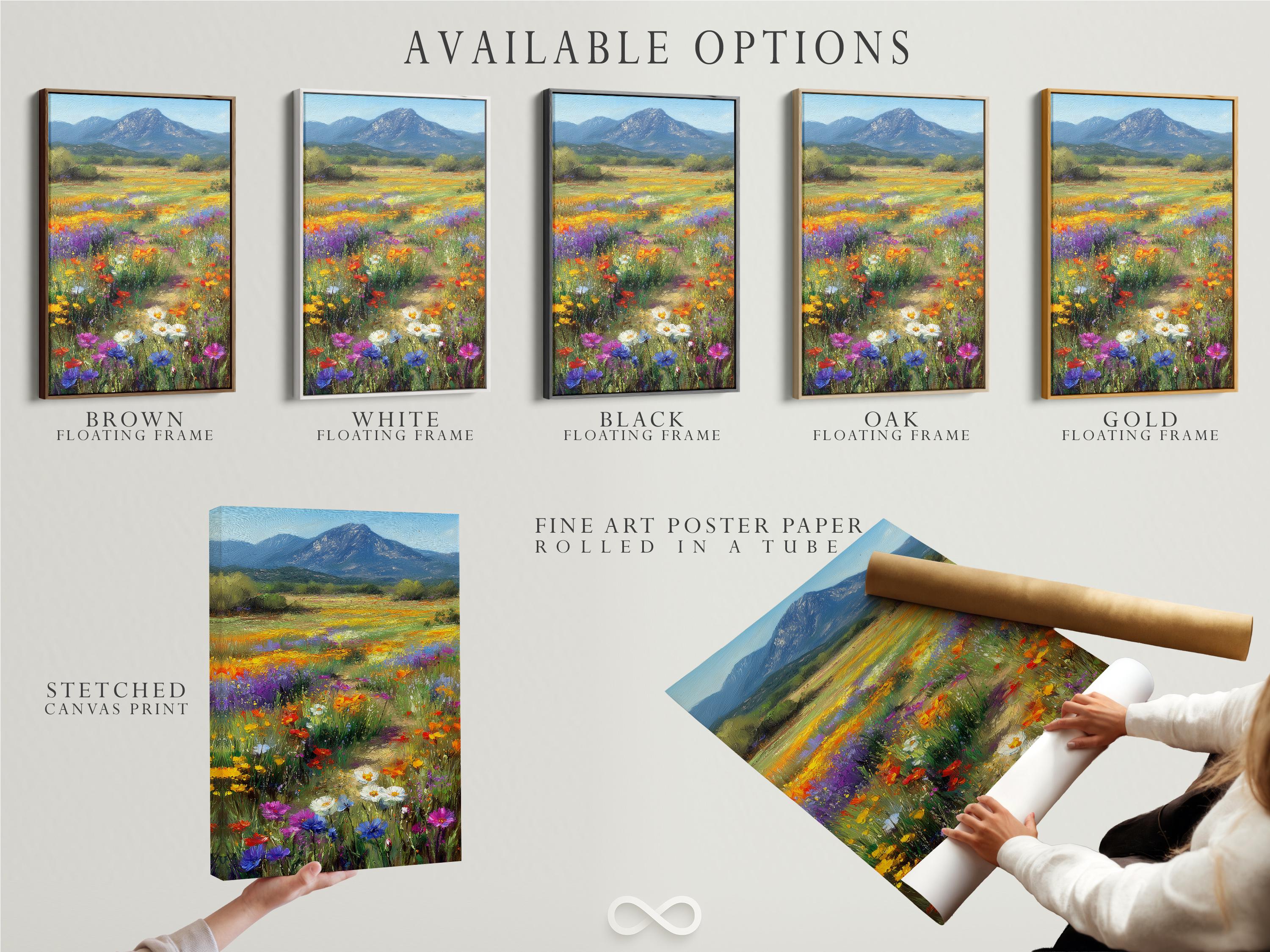 Wildflower meadow landscape with colourful flowers and a blue mountain detail view