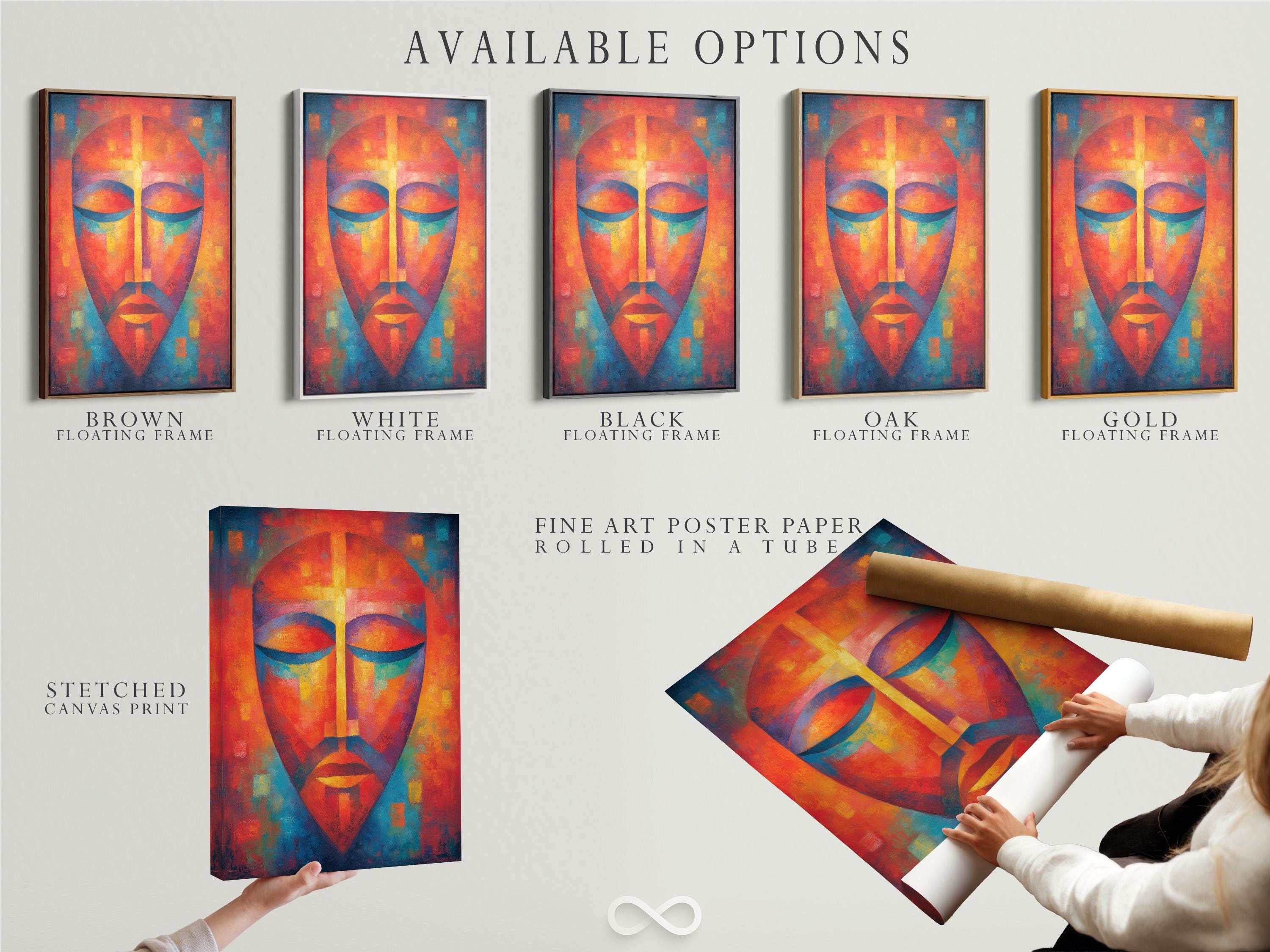 Abstract face portrait with vivid orange, teal and blue geometric shapes and a central vertical highlight detail view