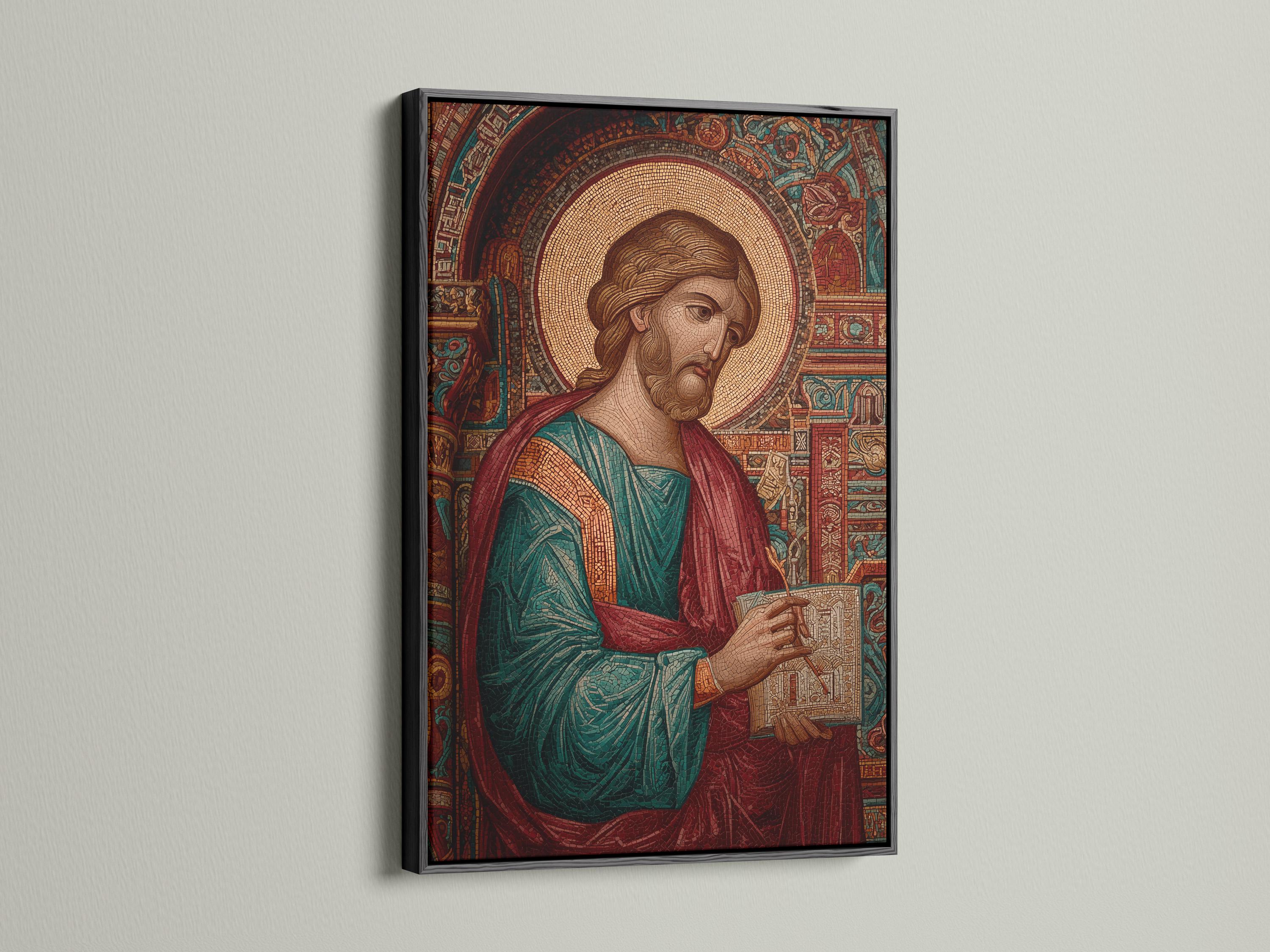 Mosaic-style saint portrait with gold halo, arched patterned background and red teal robes detail view