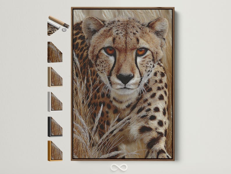 Textured cheetah portrait with amber eyes in warm brown and beige tones