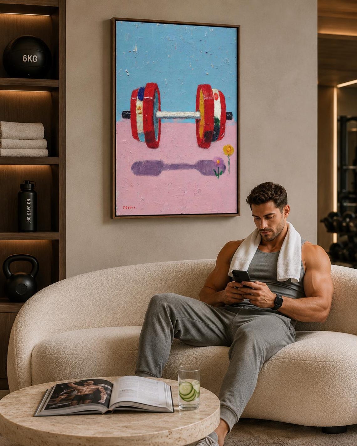 A framed abstract painting shows a brightly coloured weight barbell on a blue-and-pink background with small scattered speckles and a minimal flower