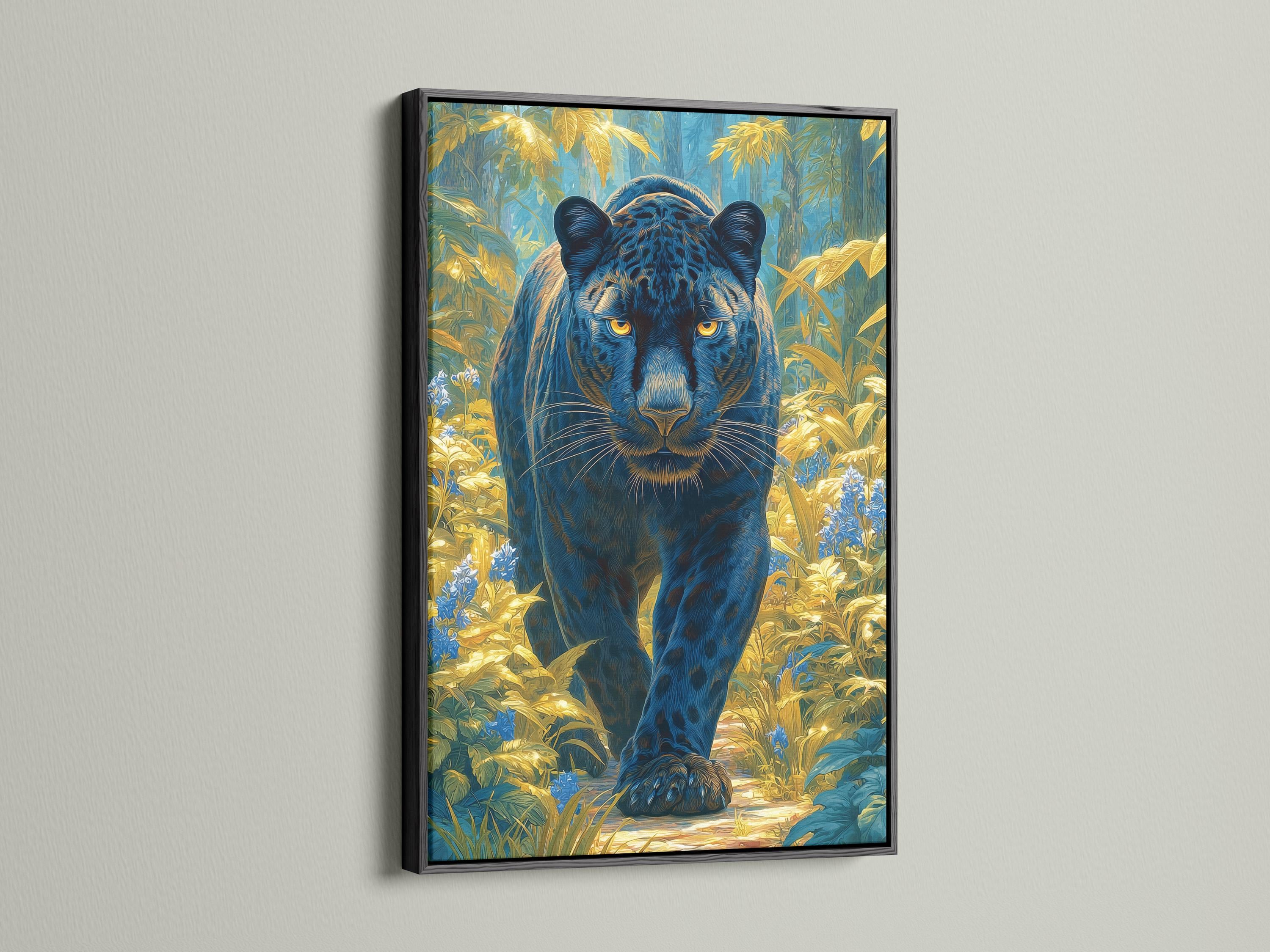 Stylised big cat with glowing golden eyes in a blue and gold jungle scene detail view