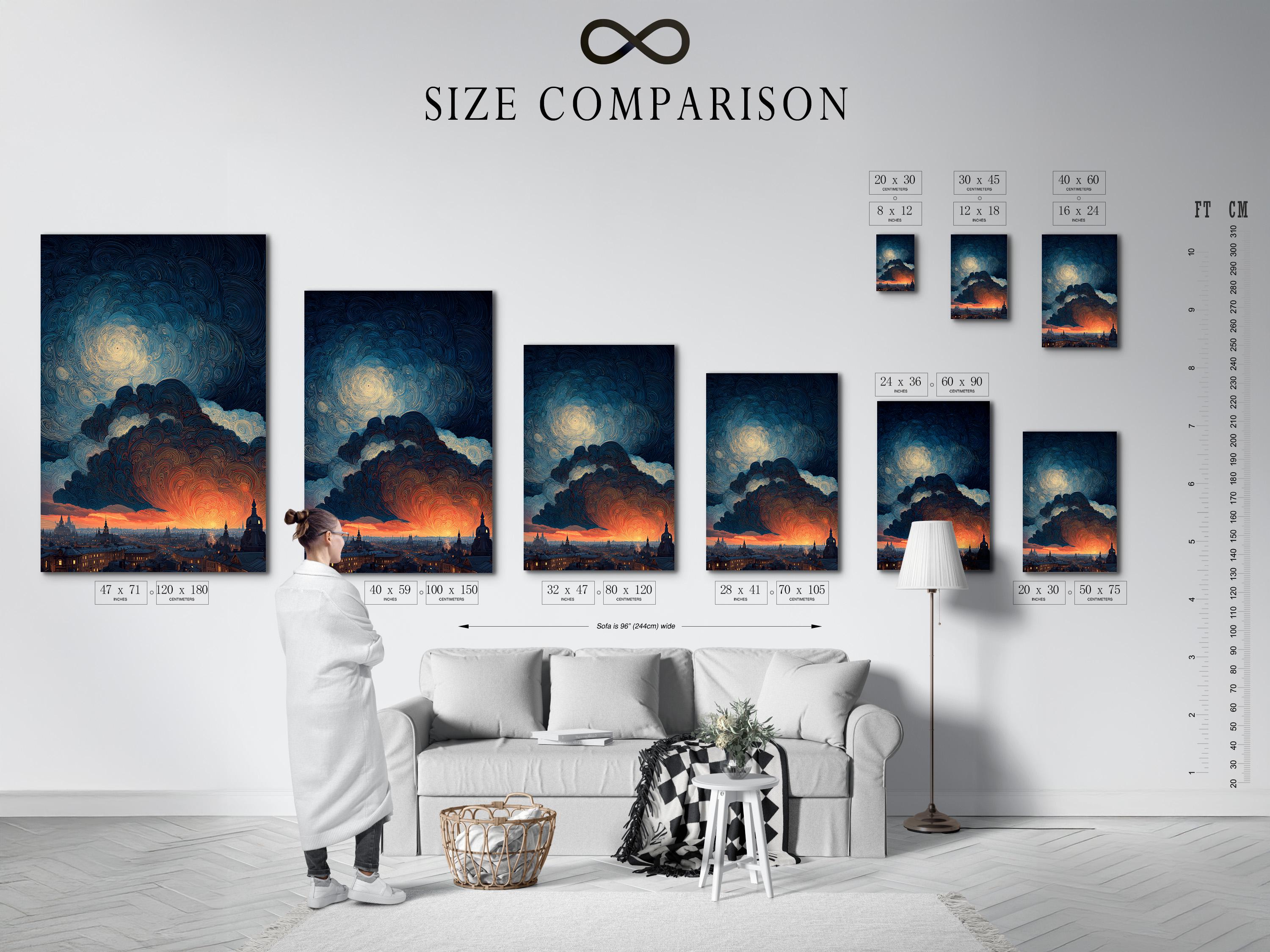 Room mockup showing framed artwork with a swirling night sky cityscape and orange sunset glow