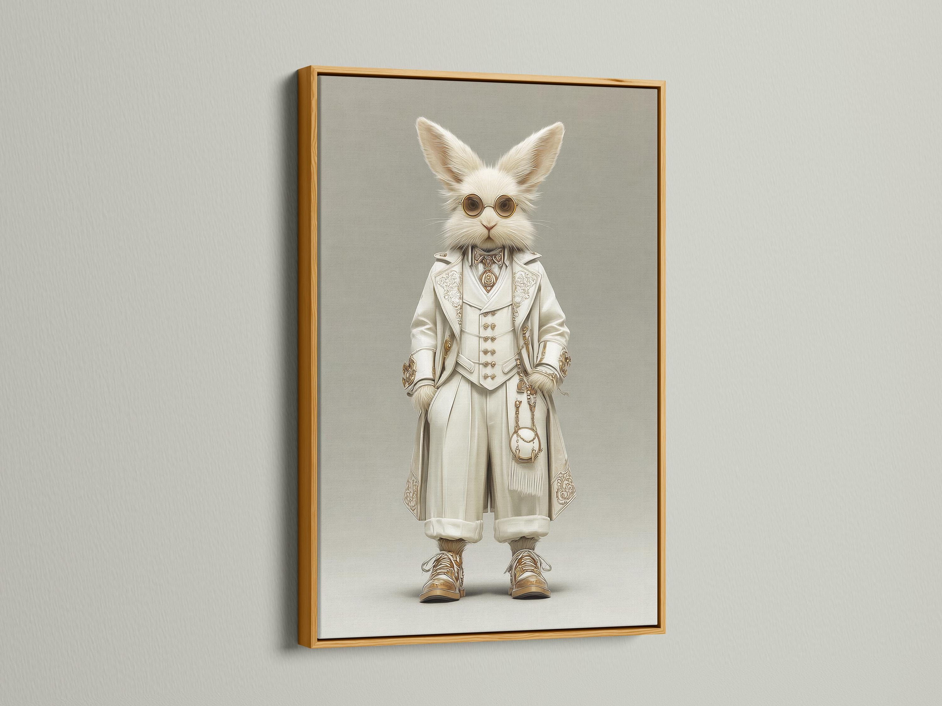 A framed rabbit portrait artwork featuring a white rabbit with round gold spectacles and a Victorian outfit