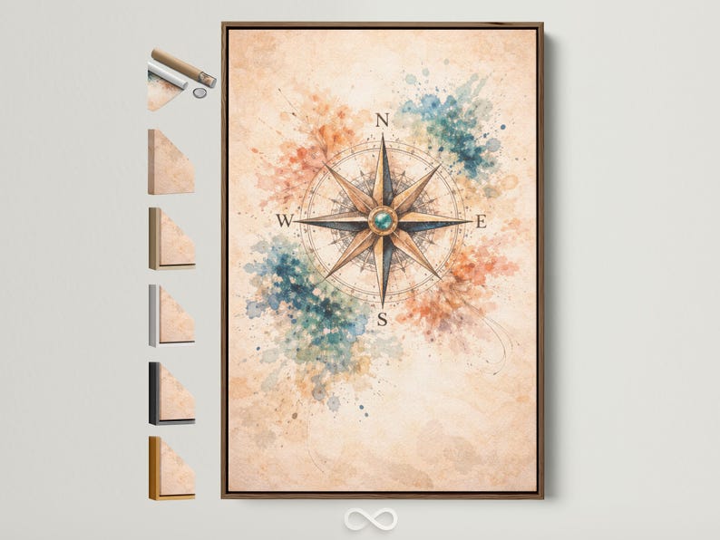 Compass rose with teal centre, directional tips and vintage map linework over cream background