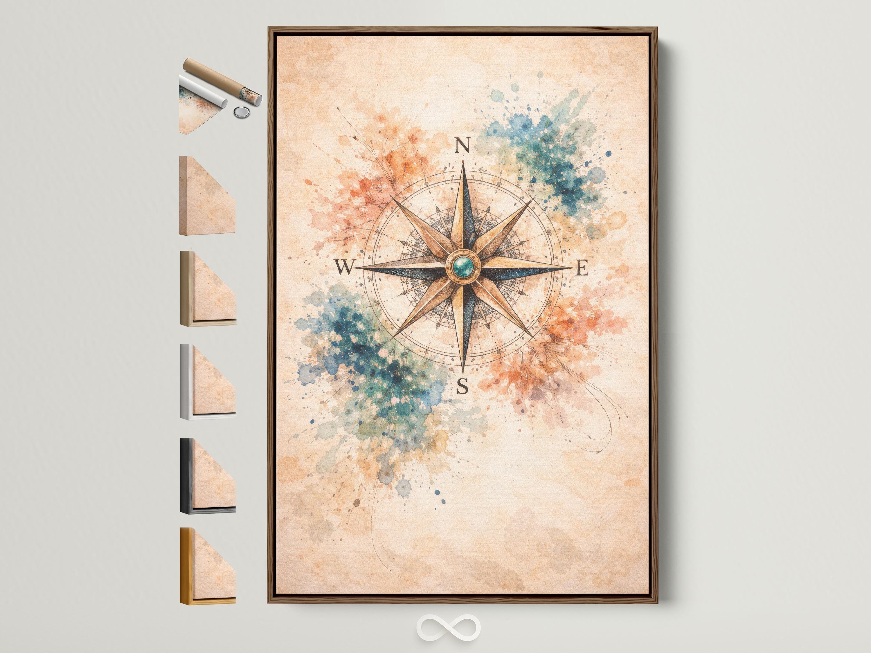 Compass rose with teal centre, directional tips and vintage map linework over cream background