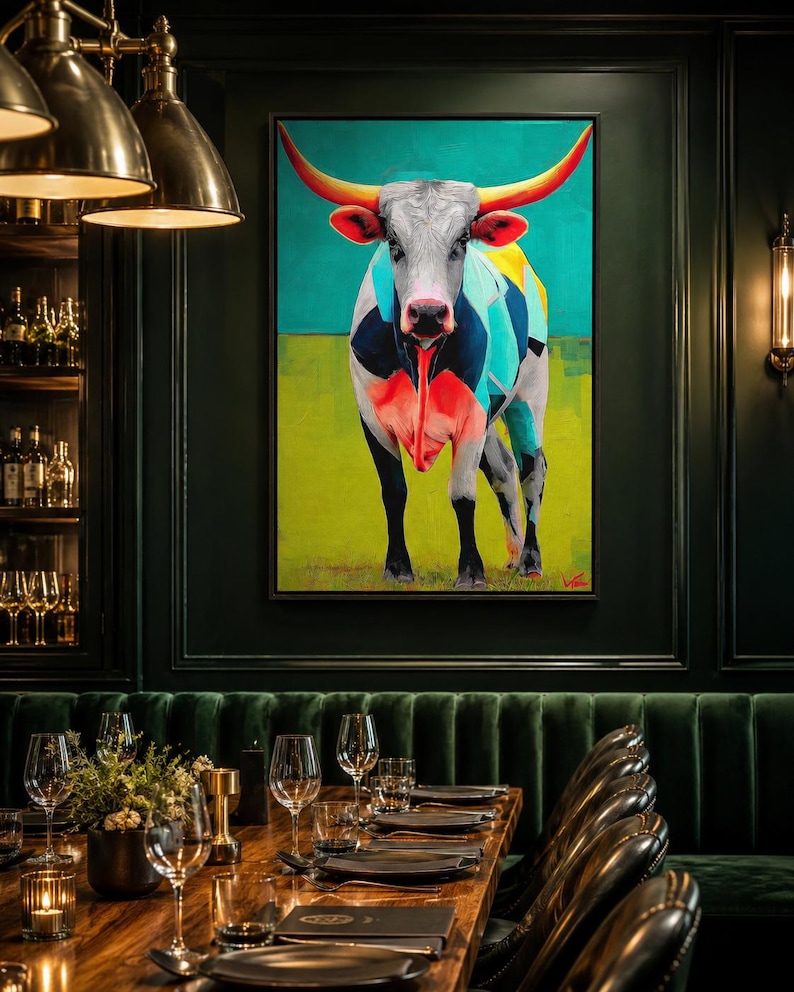 Portrait of a longhorn steer with grey fur, curved horns, red muzzle and turquoise background