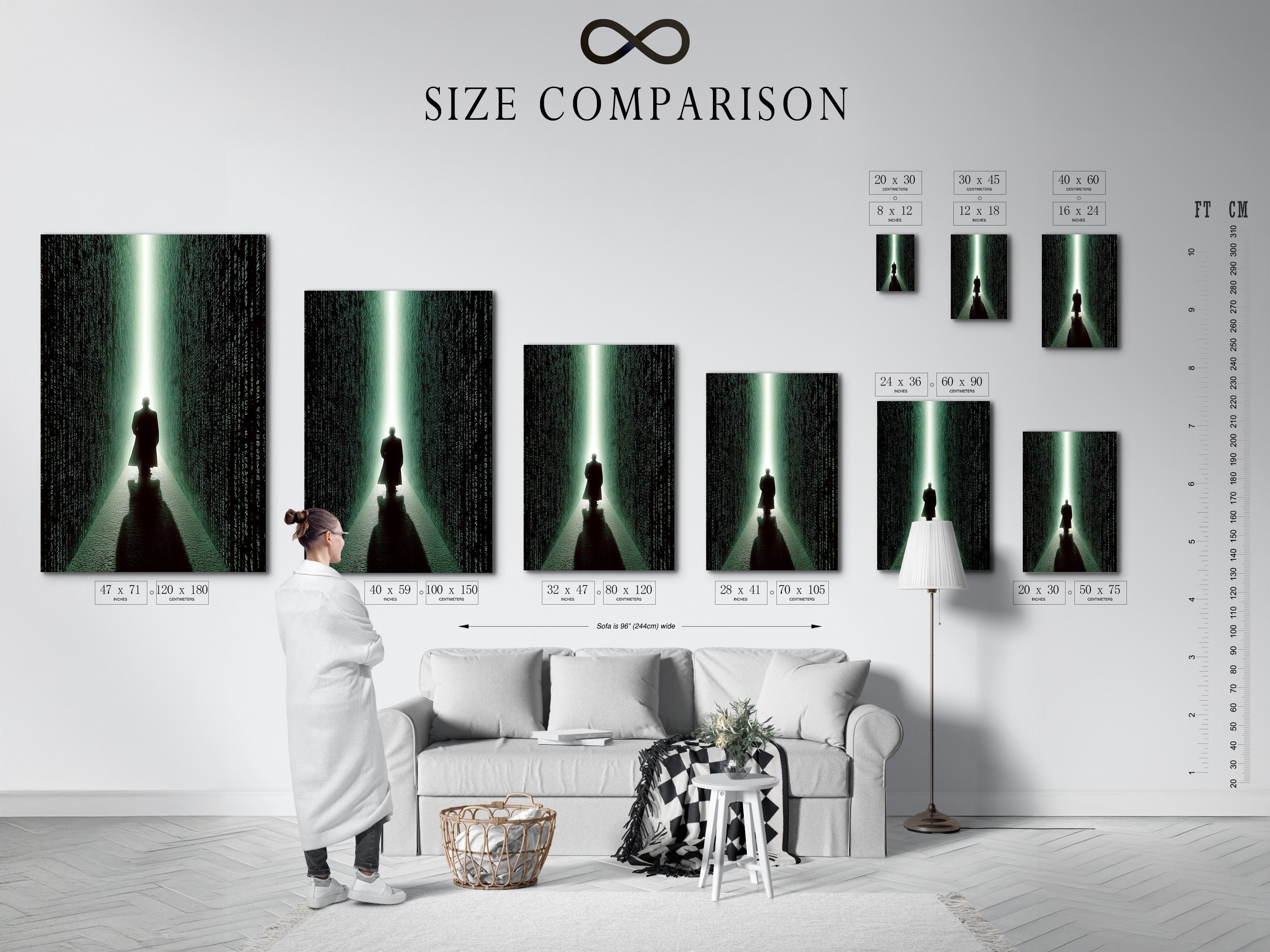 Room scene showing neon green cyberpunk corridor artwork with code-like characters