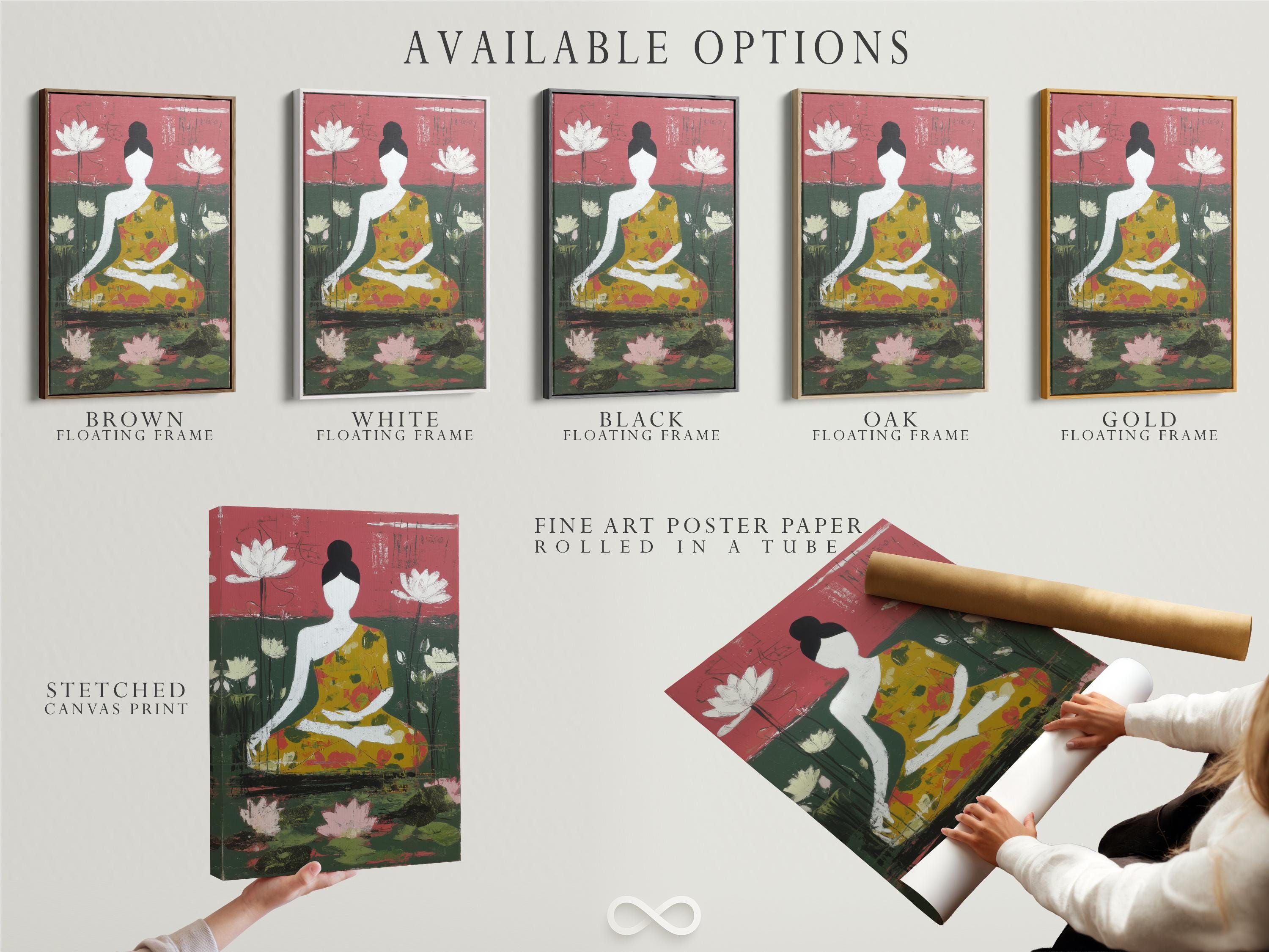 Stylised seated figure surrounded by white lotus flowers with rose pink and green textured background detail view