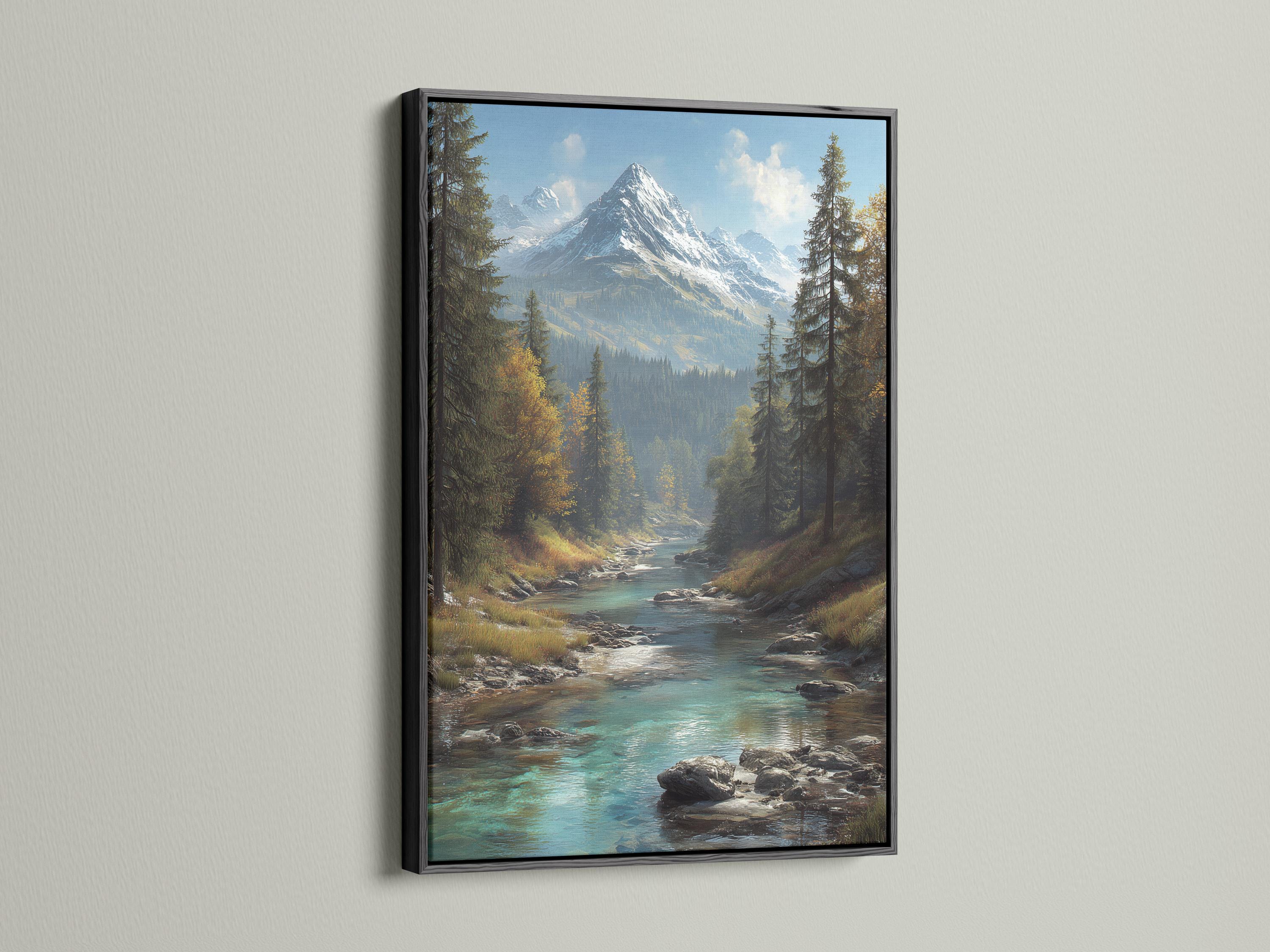 Teal mountain river landscape with evergreen forest, golden foliage and snow-capped peaks detail view