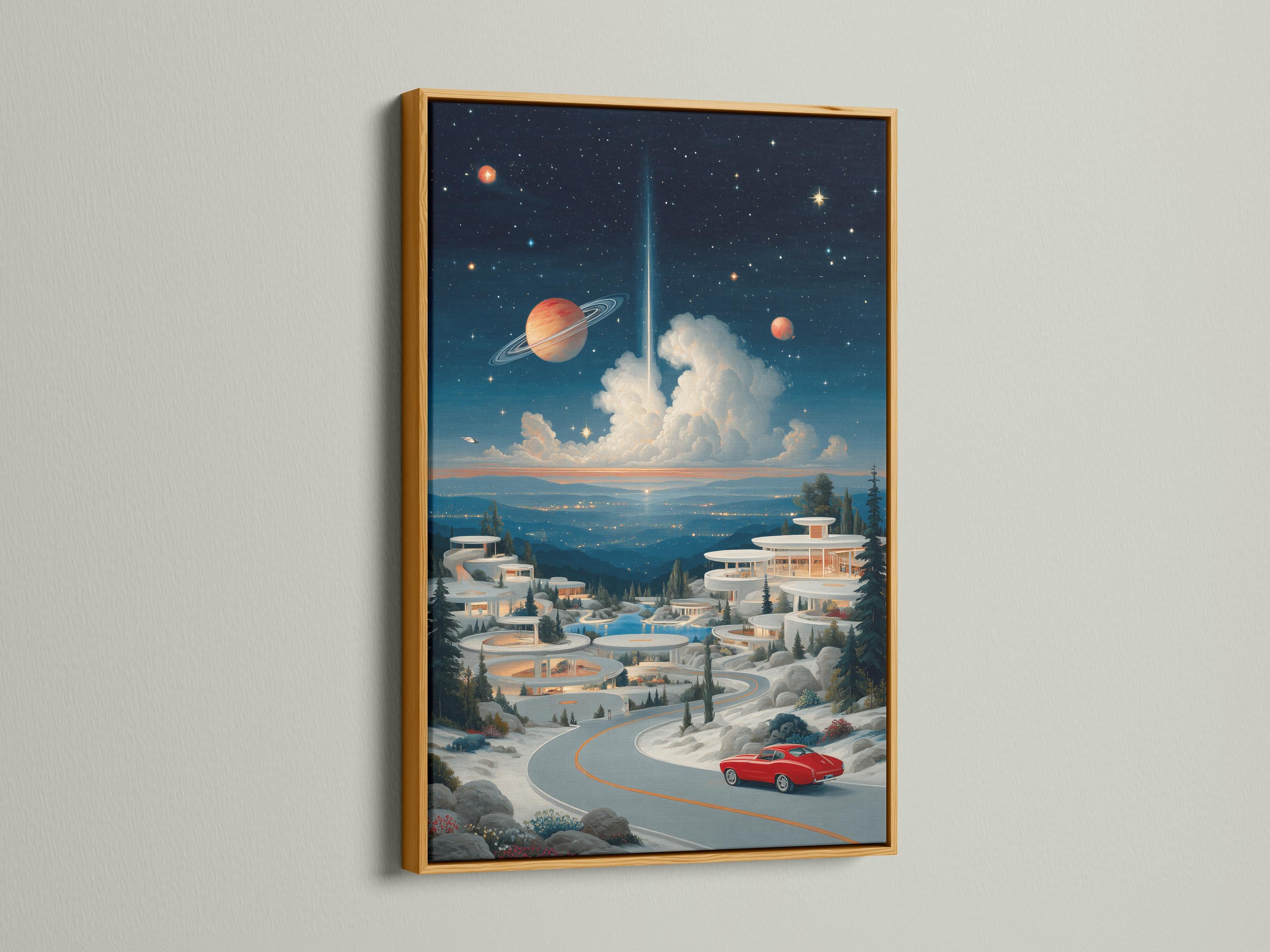 Surreal space landscape with planets, stars, snowy futuristic buildings and a red car on a winding road detail view