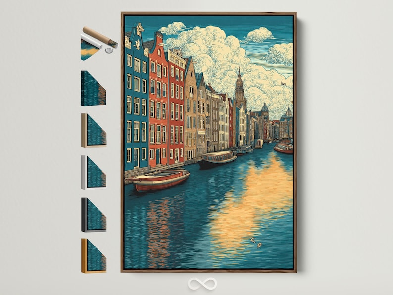 Vintage illustration of an Amsterdam canal cityscape with colourful buildings, boats, and warm sunset reflections