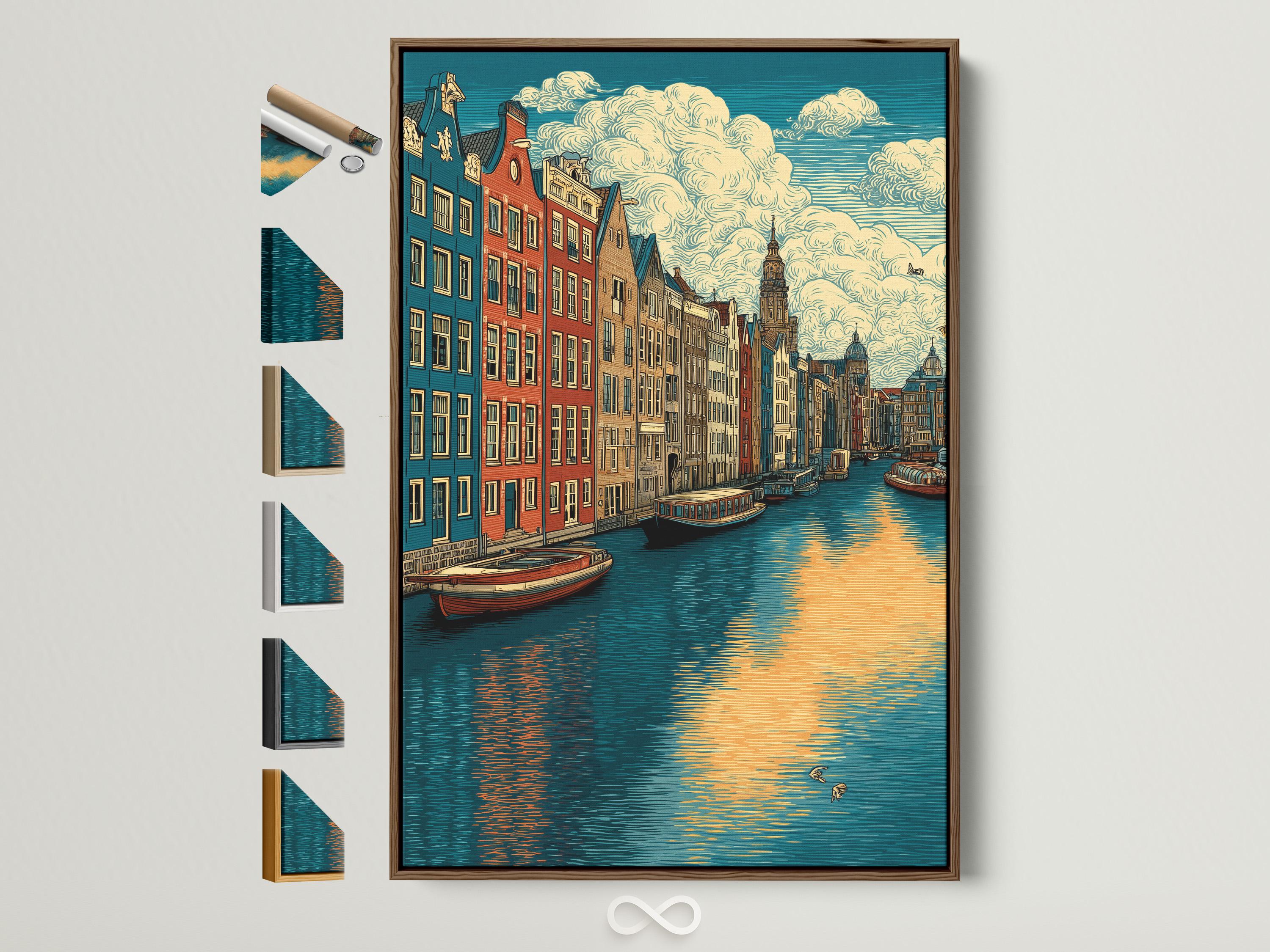 Vintage illustration of an Amsterdam canal cityscape with colourful buildings, boats, and warm sunset reflections