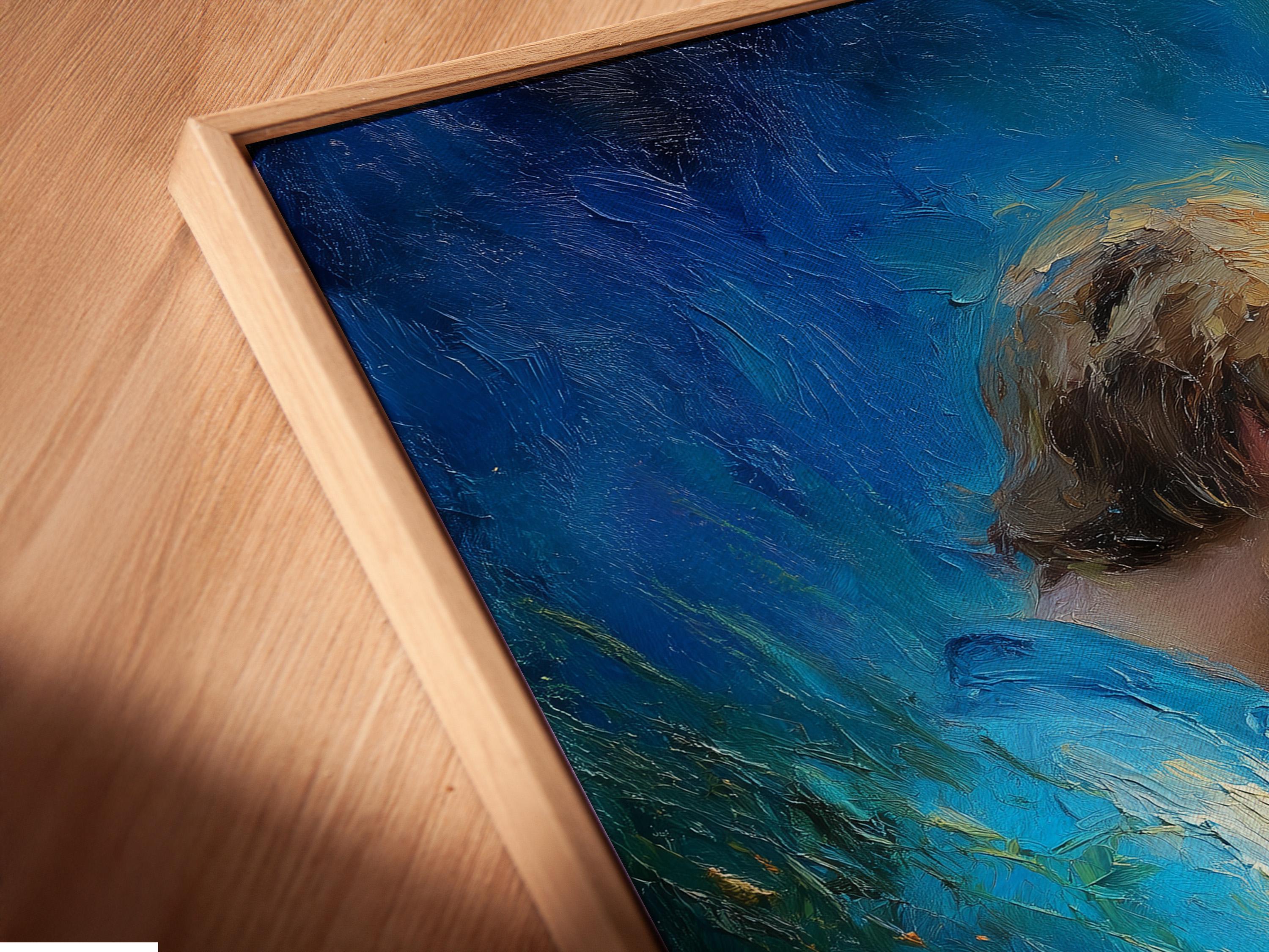 Painted romantic couple embracing in a blue field with warm yellow and gold highlights detail view