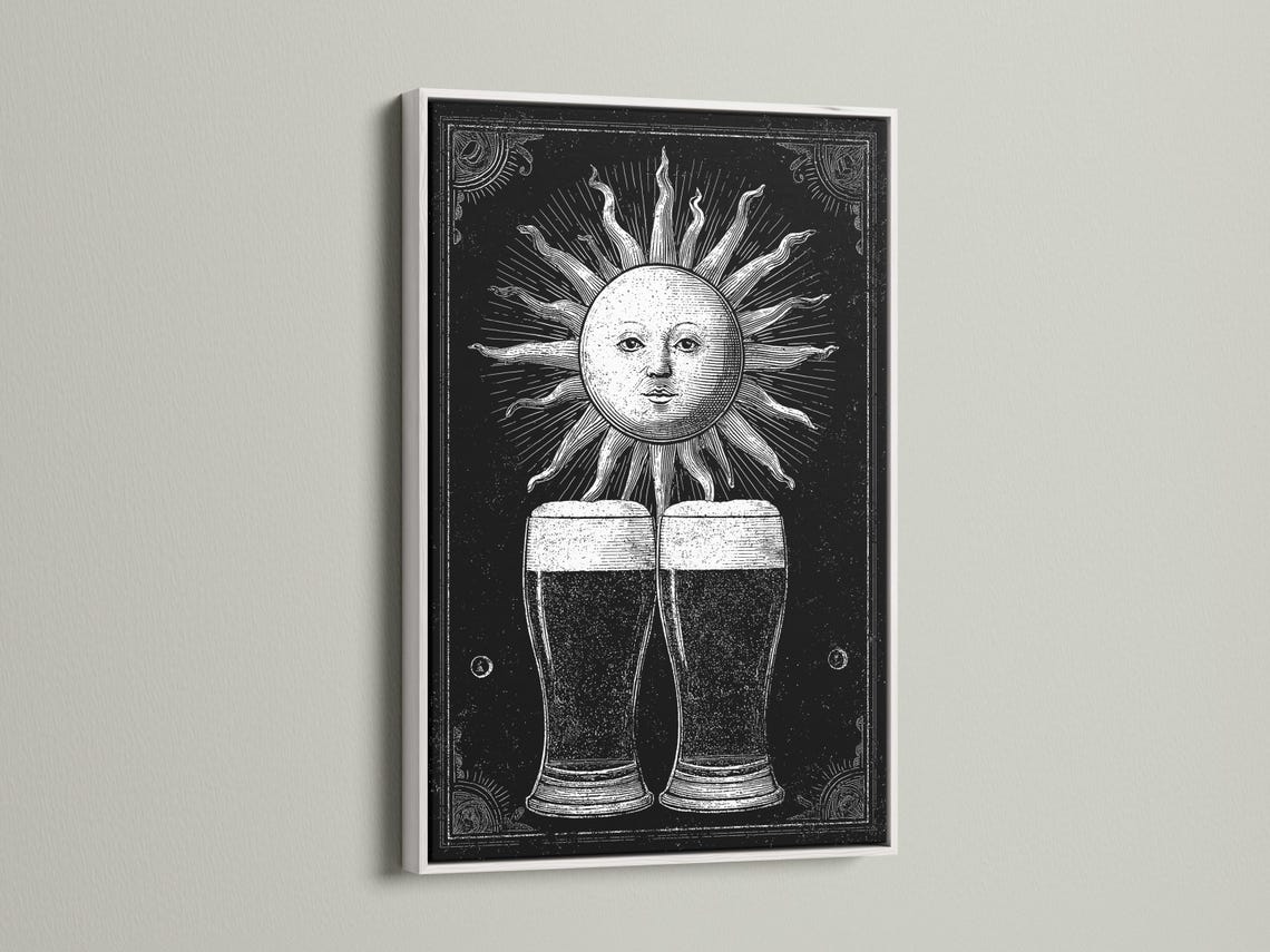 Black and white illustration of a sun face with rays above two beer glasses detail view
