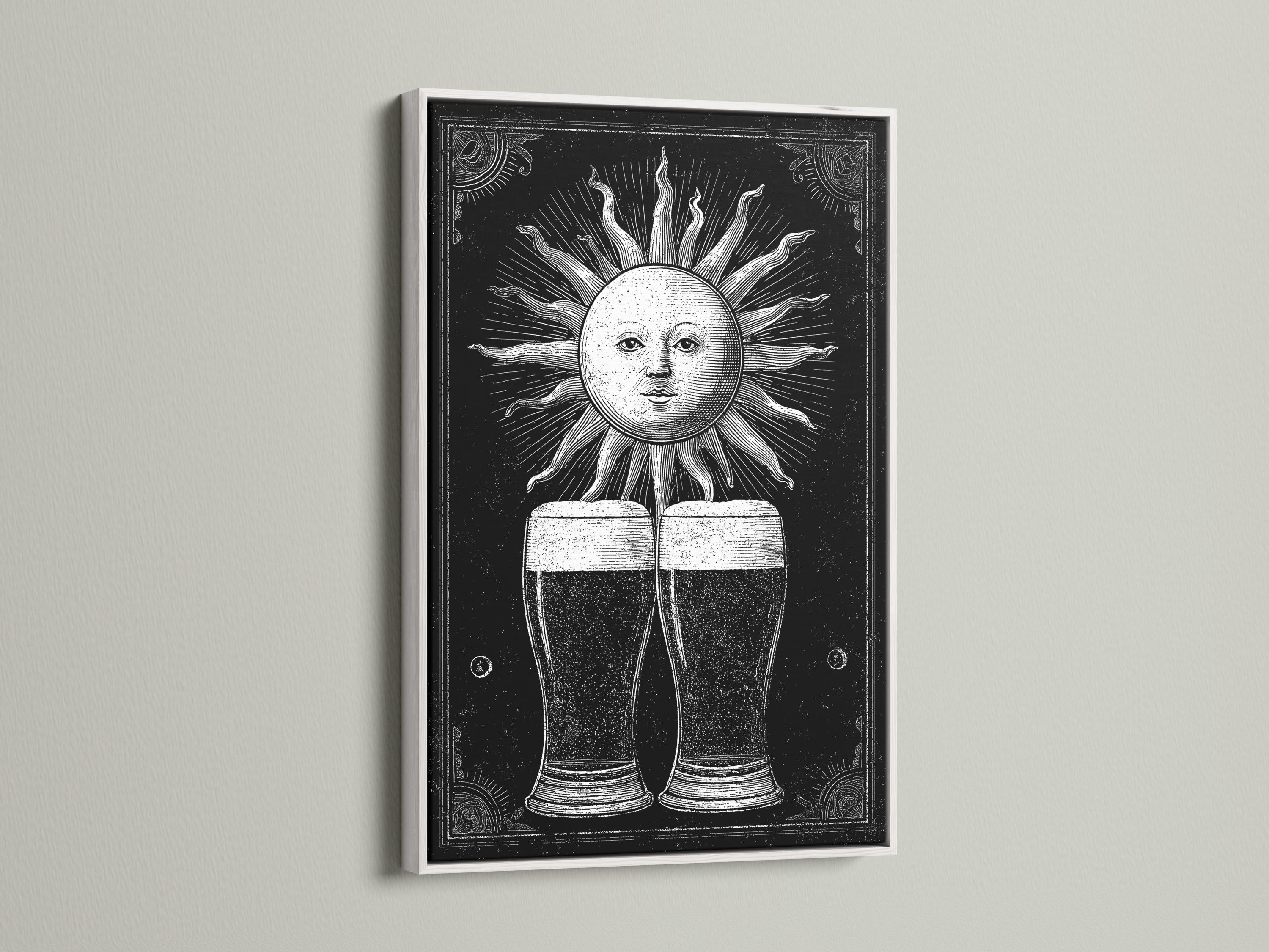 Black and white illustration of a sun face with rays above two beer glasses detail view