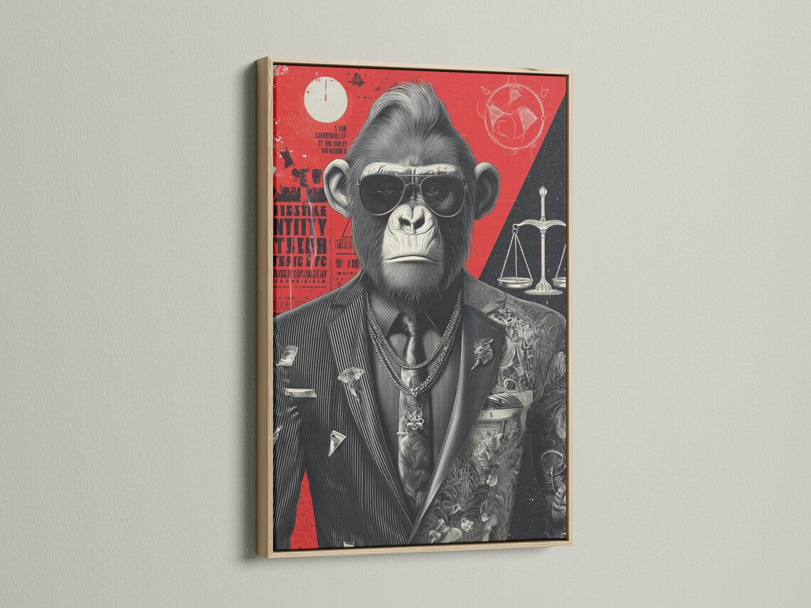 Framed gorilla lawyer artwork on a wall with several side panel mockups