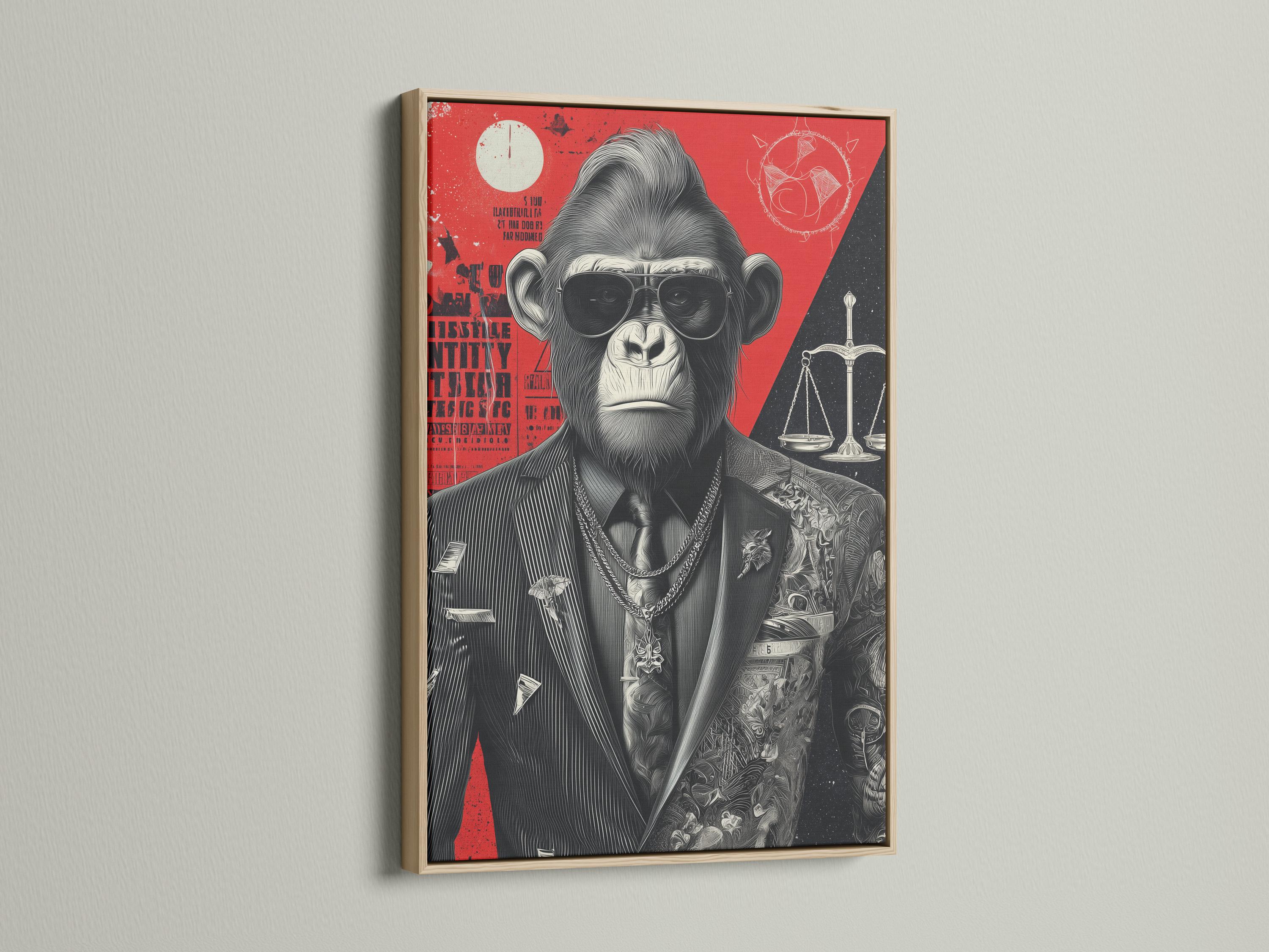 Framed gorilla lawyer artwork on a wall with several side panel mockups