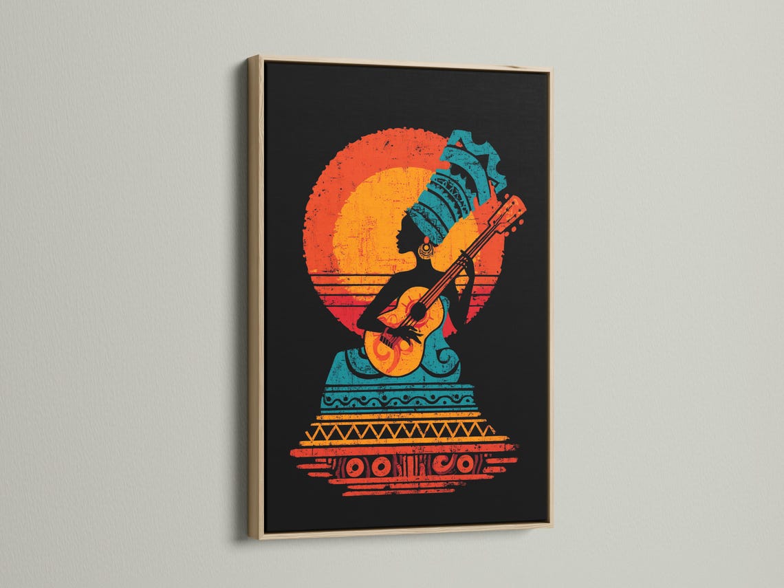 Stylised guitar player silhouette with orange-red sunburst and teal tribal pattern on a black background detail view