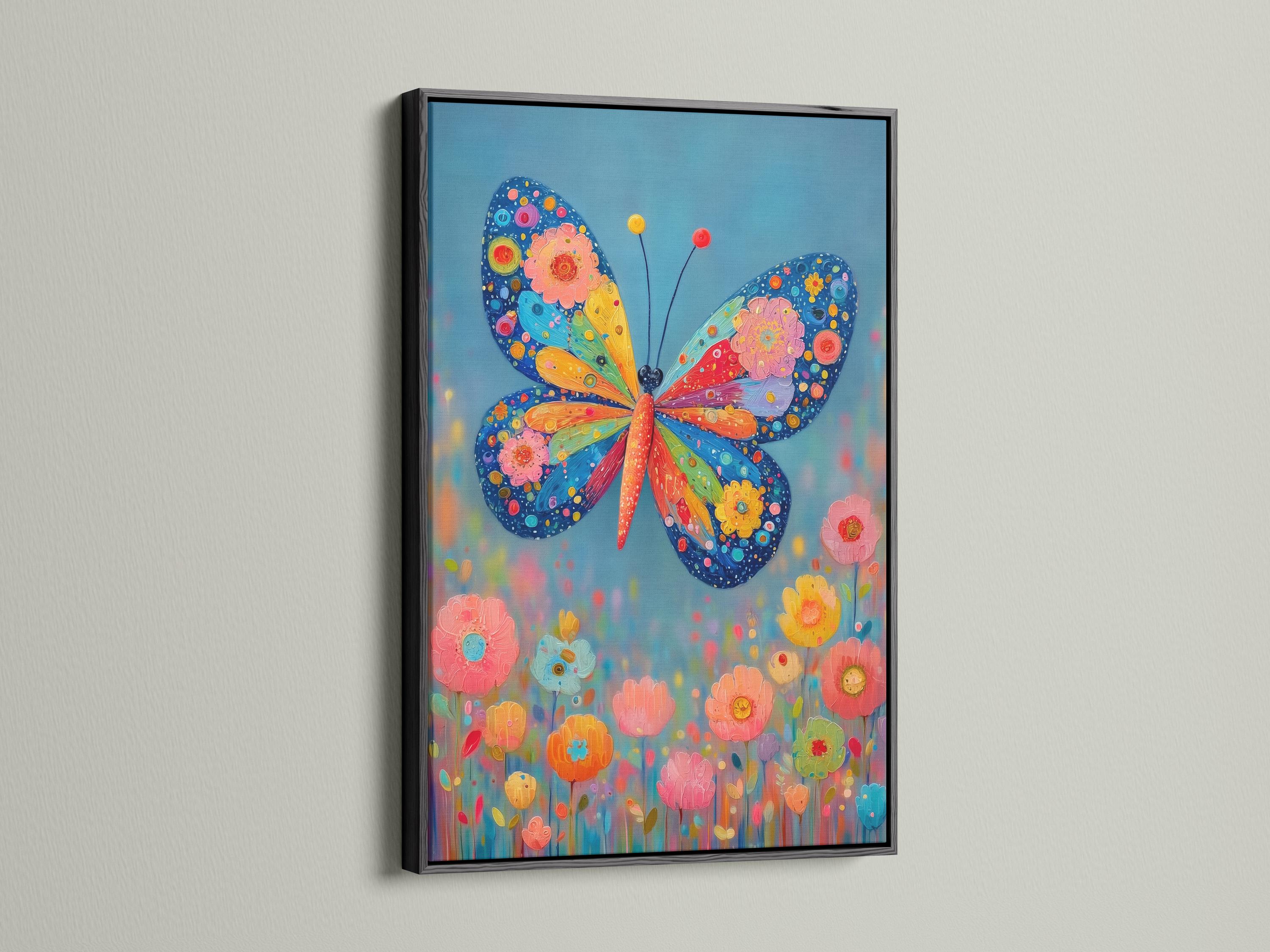 A bright stylised butterfly with patterned wings over colourful flowers on a blue background detail view