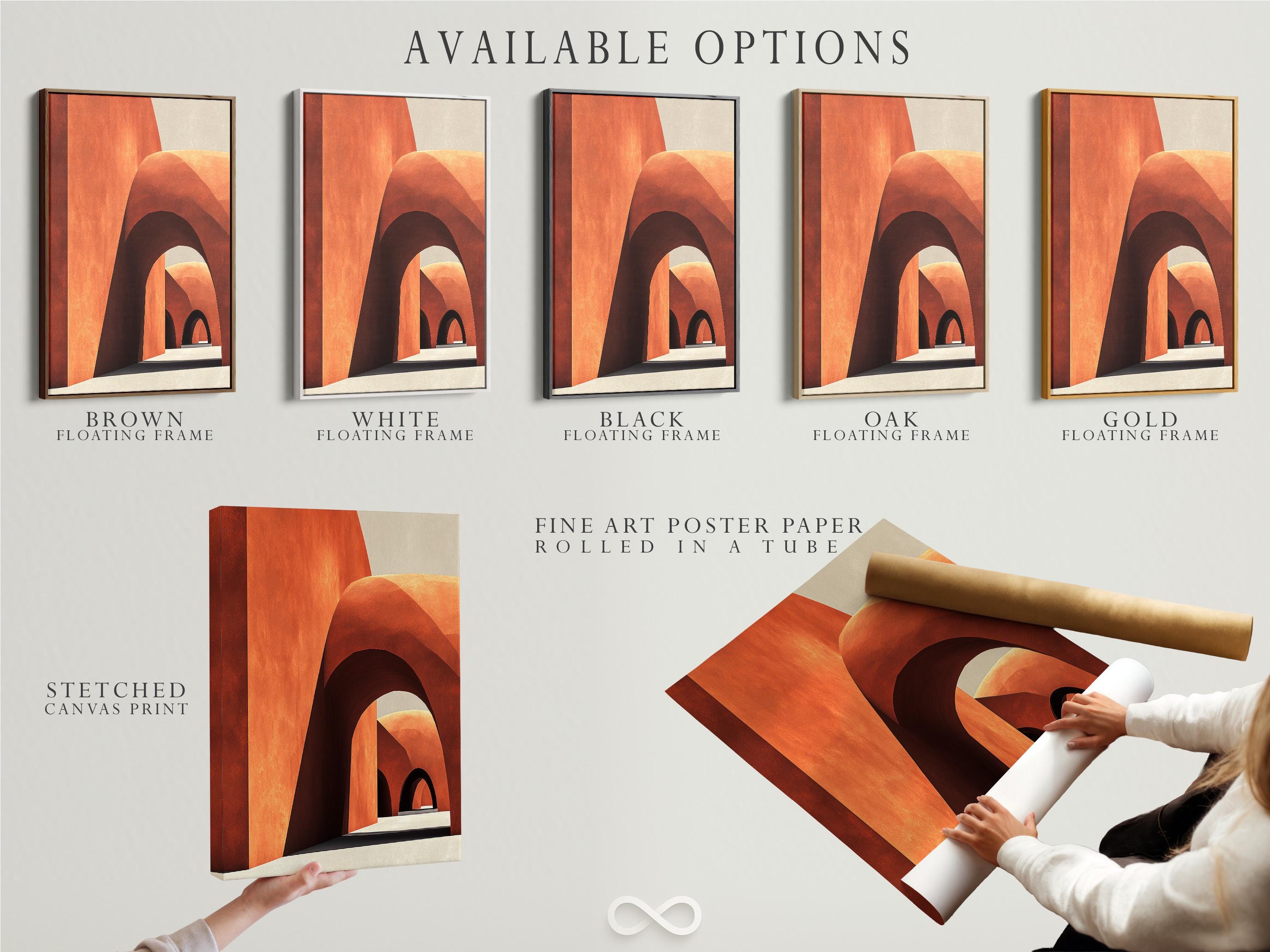 Abstract geometric archway artwork in terracotta, cream and dark outlines detail view