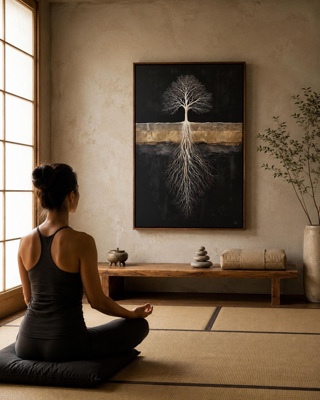 Room mockup with a person reading and a dark tree roots artwork above a bed