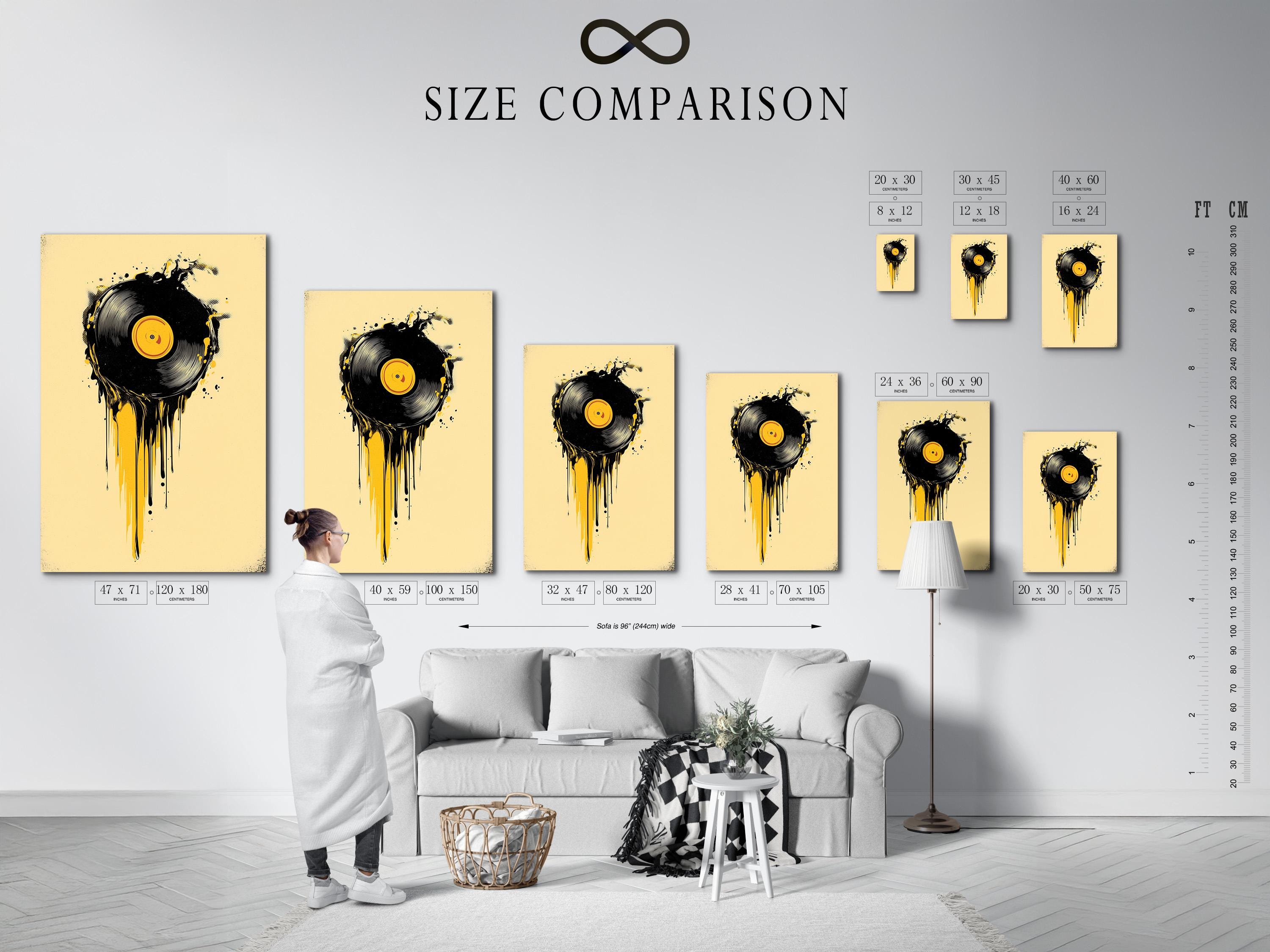 Room mockup showing a framed black and yellow vinyl record illustration with drip and splatter details