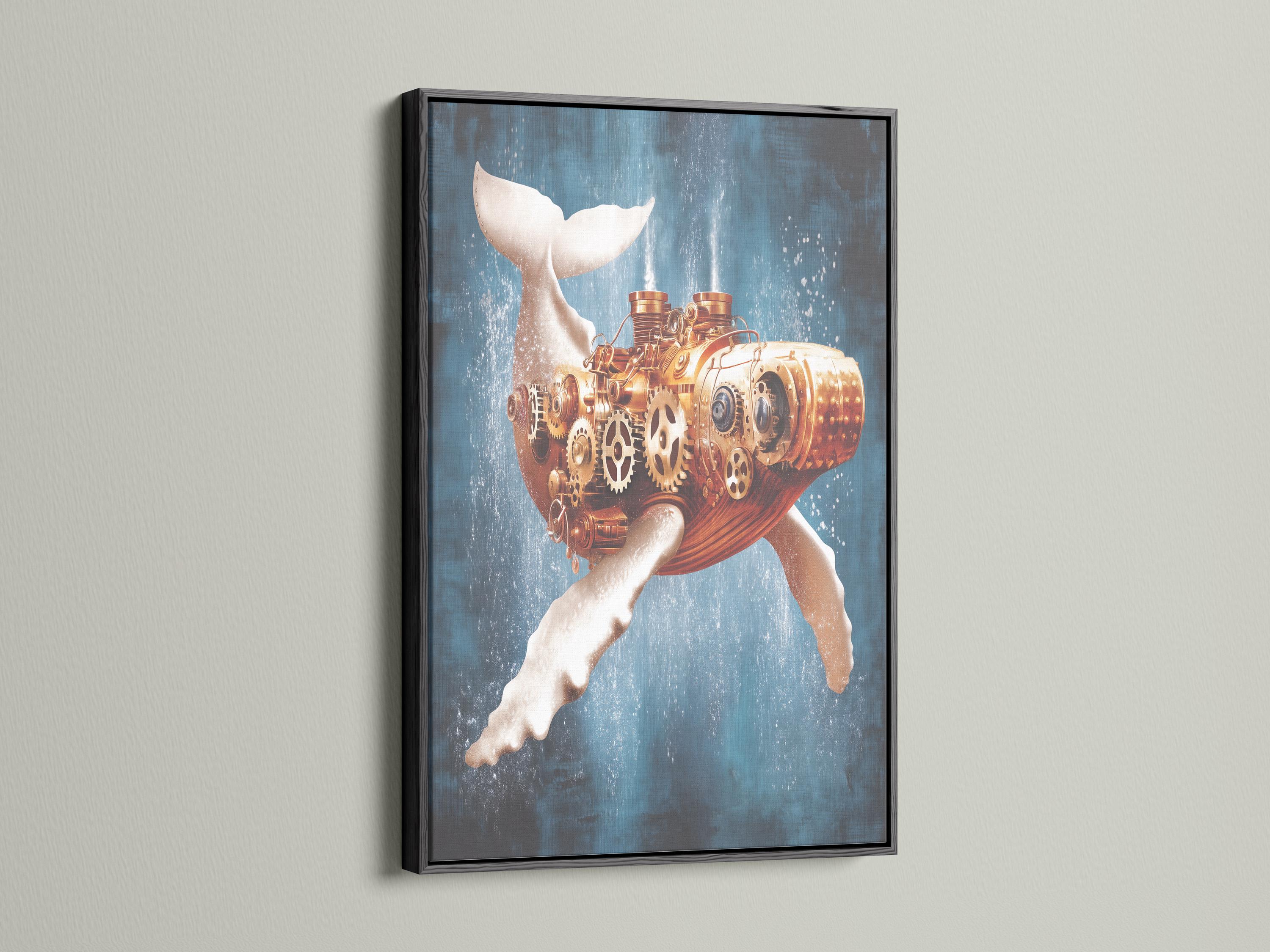 Mechanical whale with copper and gold gears on a textured blue background detail view