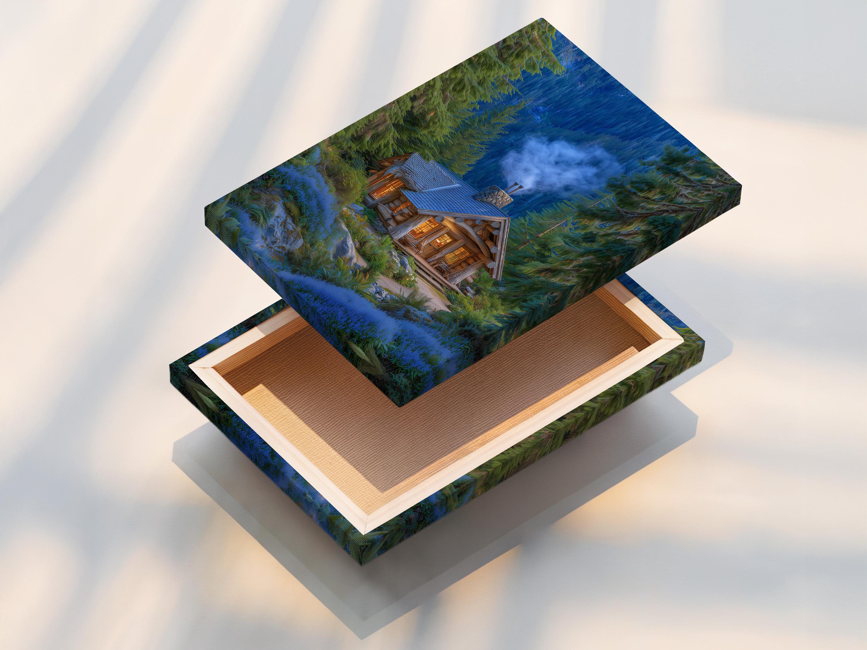 Forest cabin scene with evergreen trees, blue mist, and warm glowing windows detail view