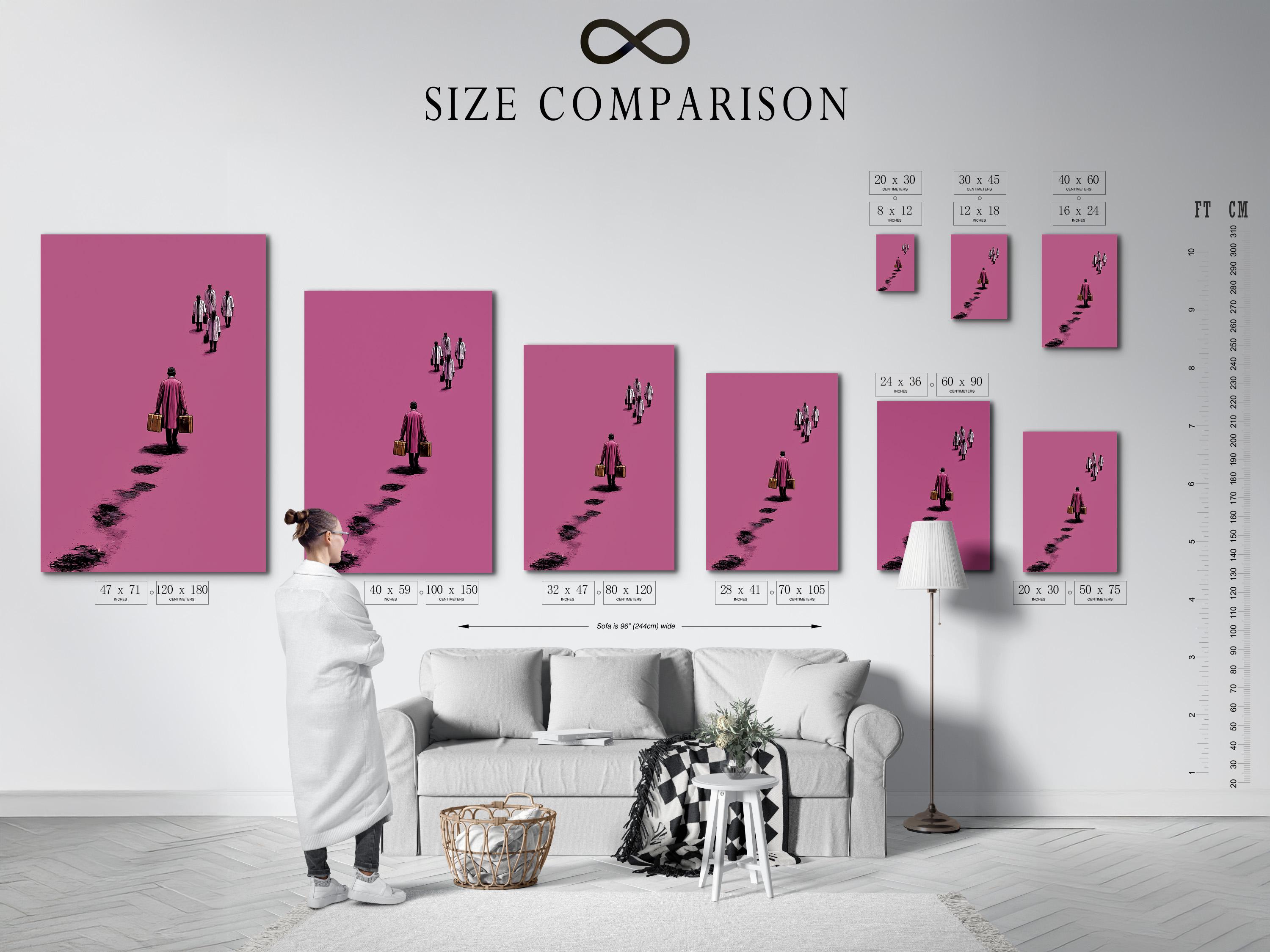 Mockup showing a framed pink minimalist traveller figure artwork on a light background