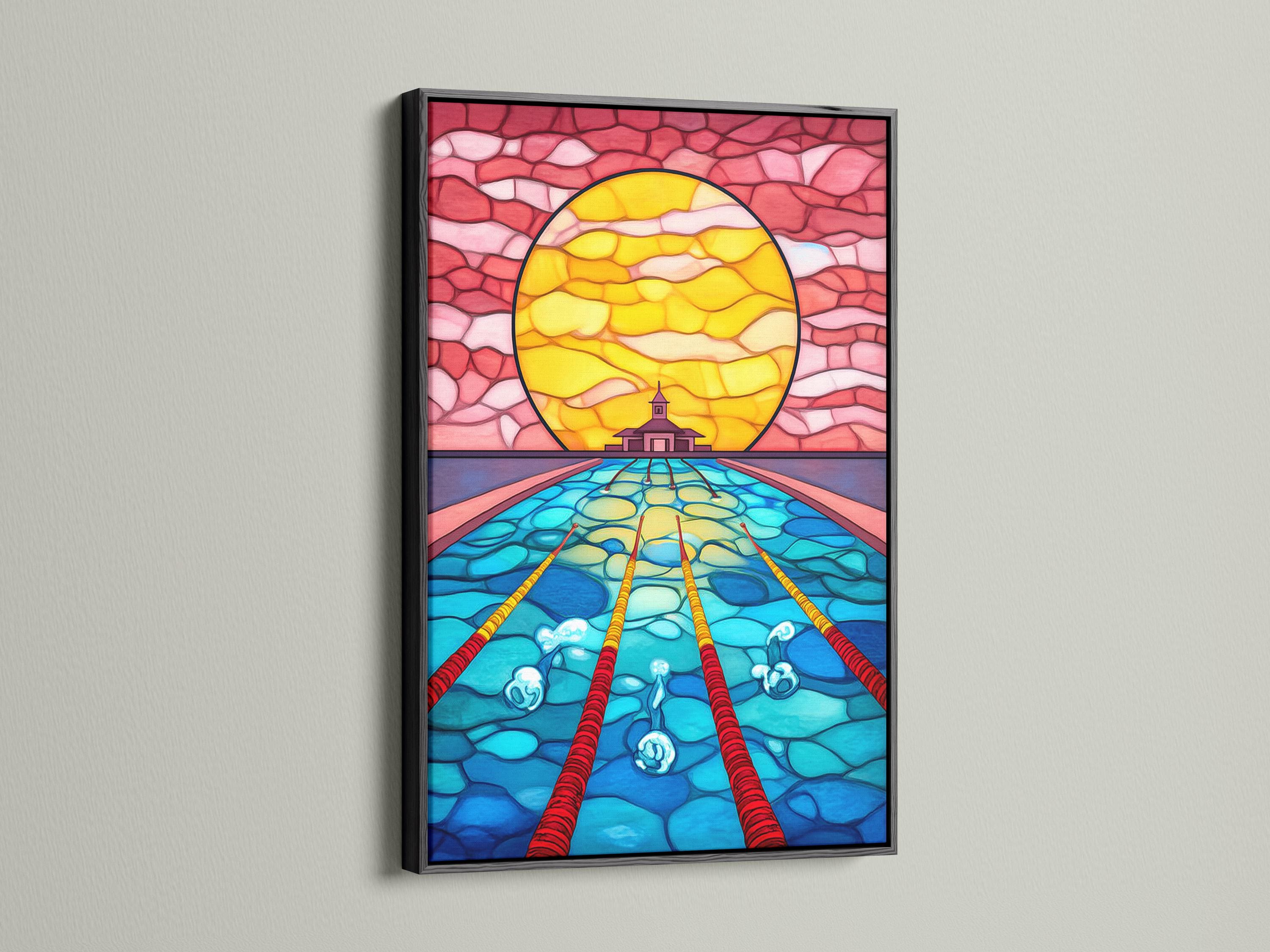 Stained-glass style ocean scene with a circular sunset portal, underwater water textures, and a small temple silhouette detail view