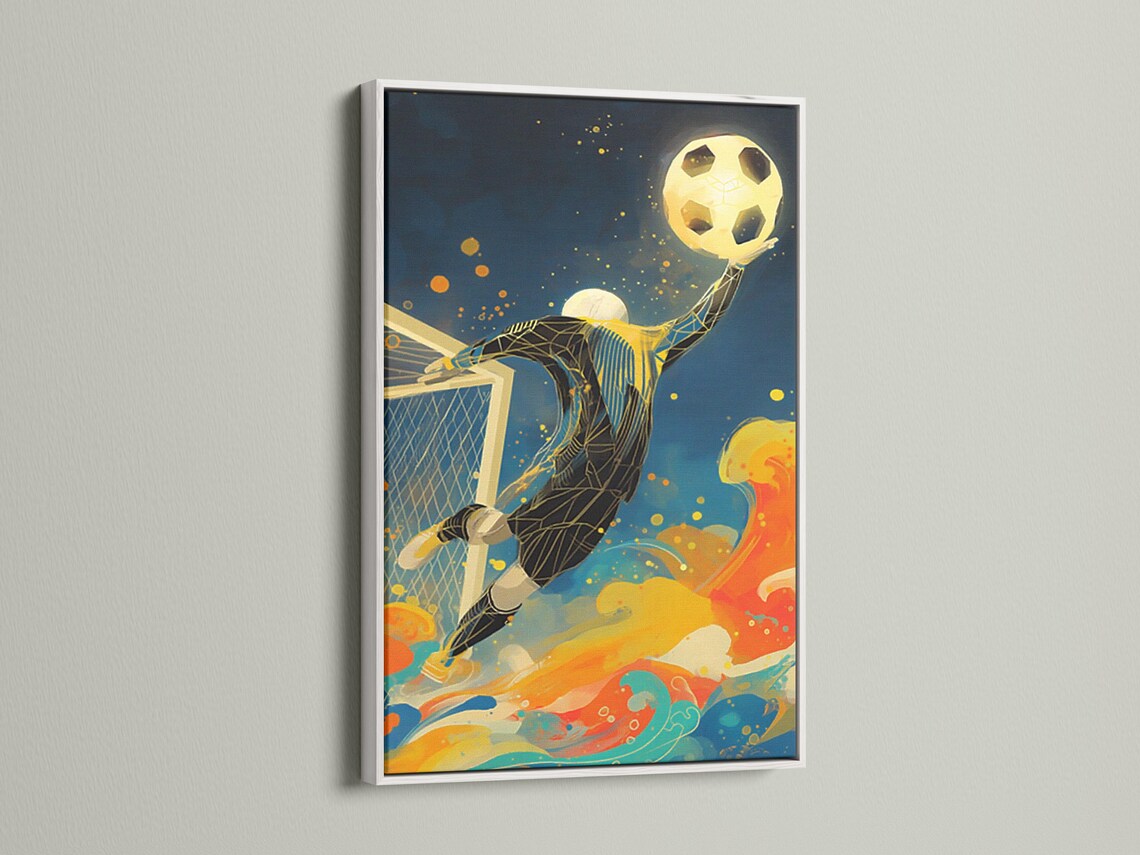 A stylised soccer goalkeeper reaching toward a glowing yellow ball with a goal net and colourful swirls detail view