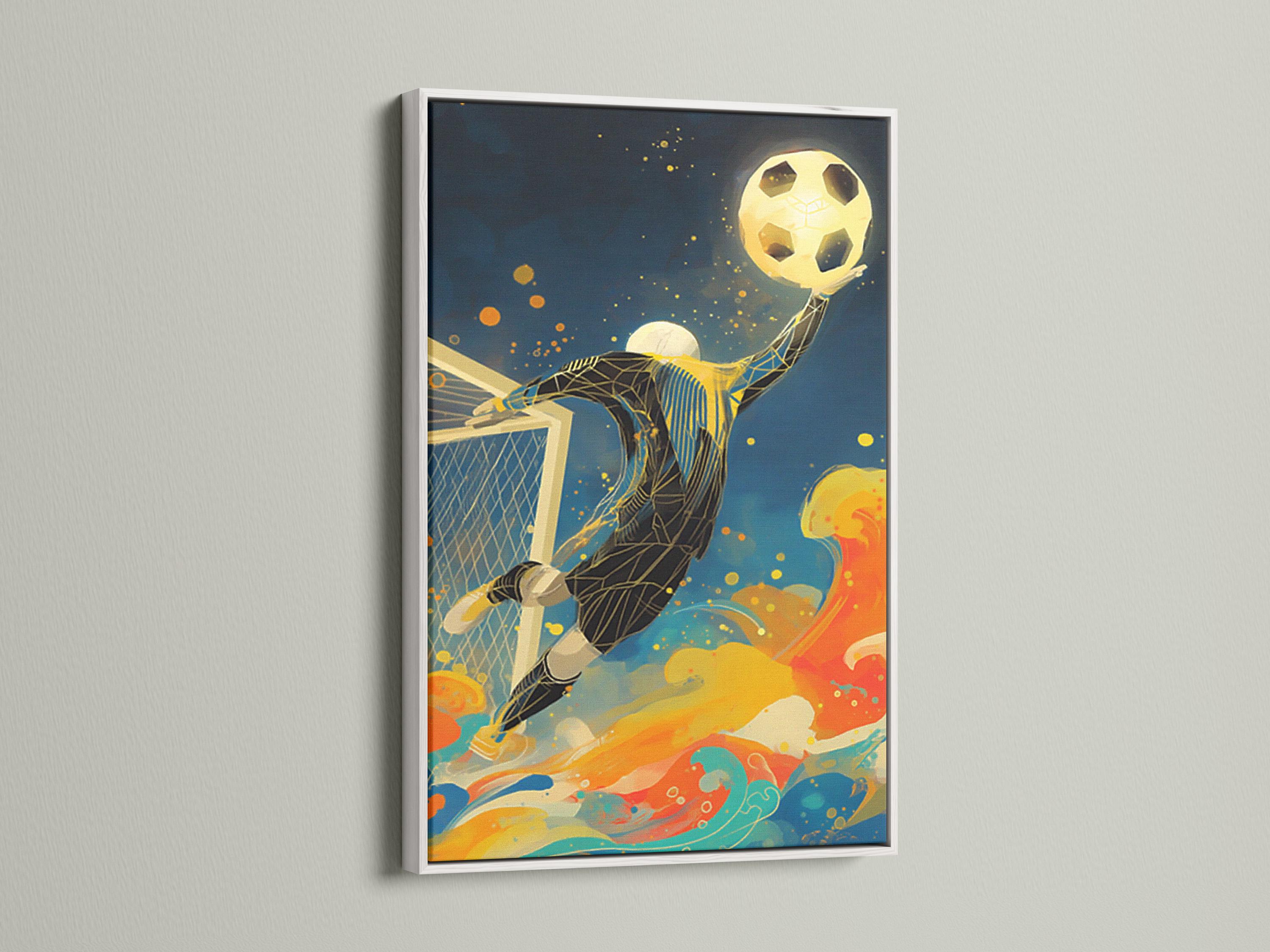 A stylised soccer goalkeeper reaching toward a glowing yellow ball with a goal net and colourful swirls detail view