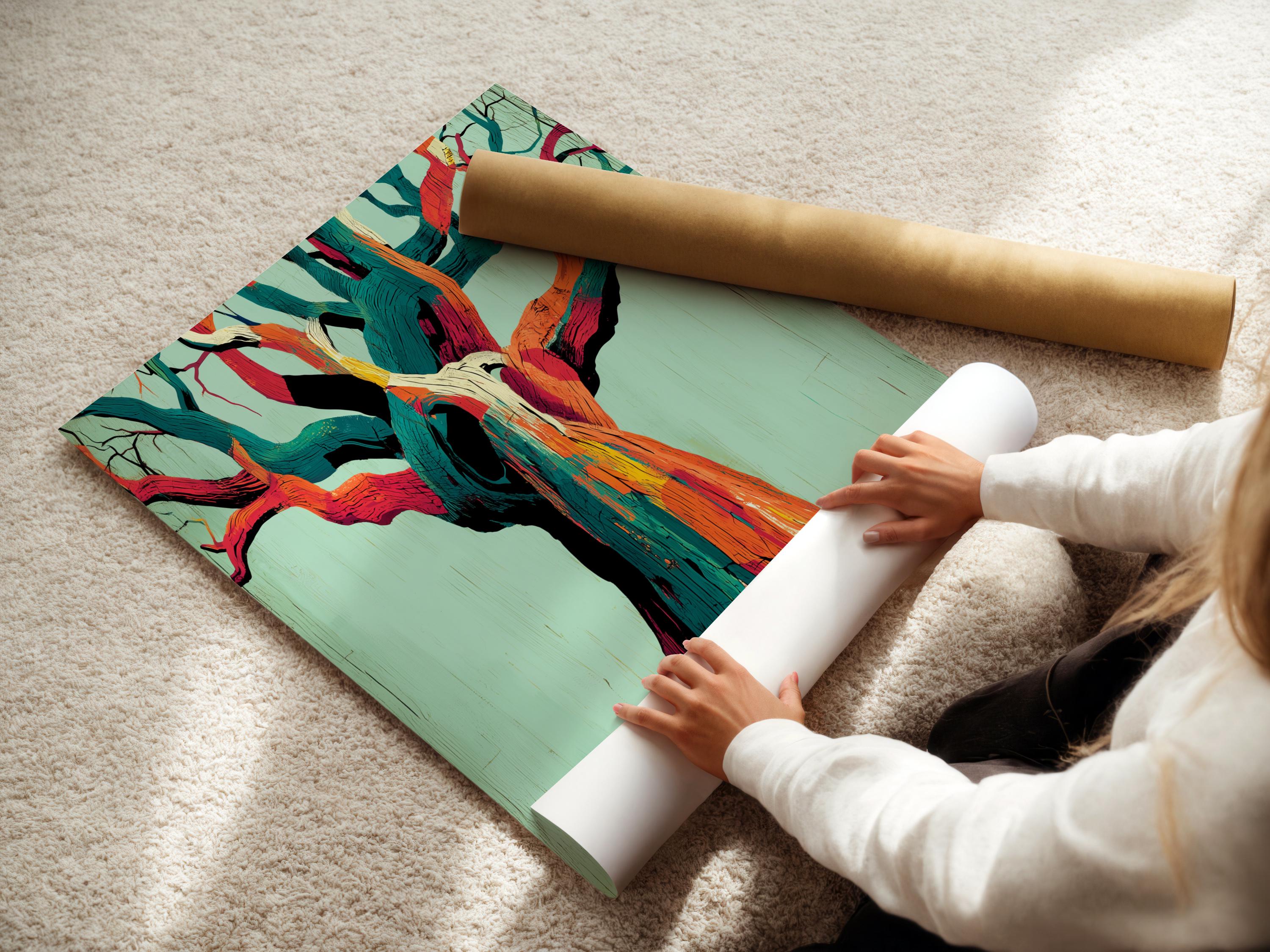 Stylised abstract tree with teal, orange and magenta branches on a pale mint background detail view