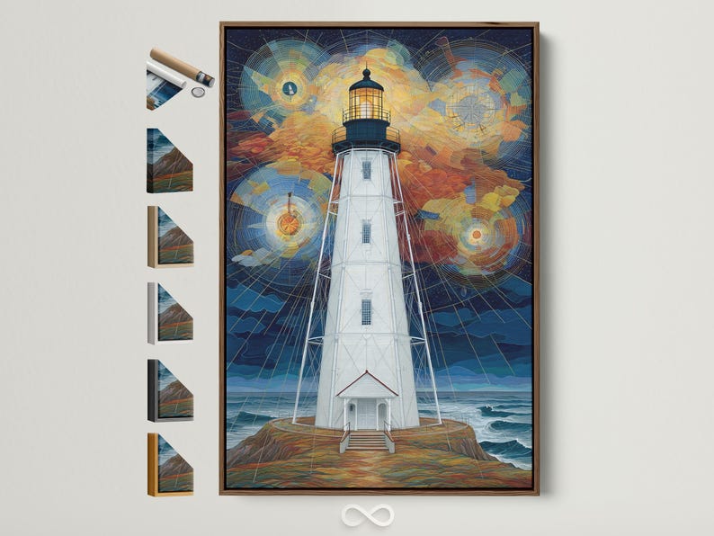 Geometric lighthouse painting with starry night sky and swirling circular light patterns