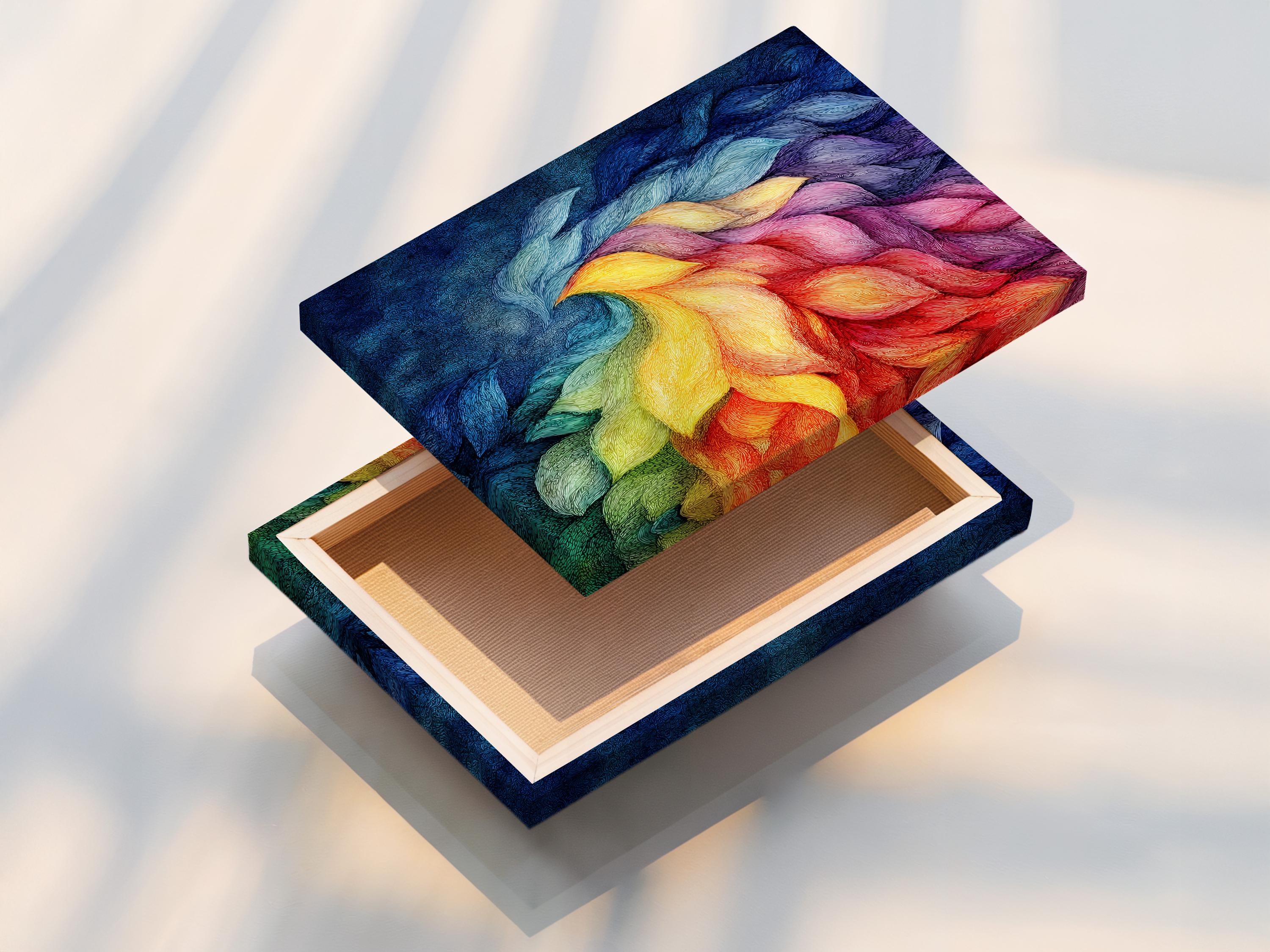 Person standing beside a framed rainbow abstract artwork in a bright room