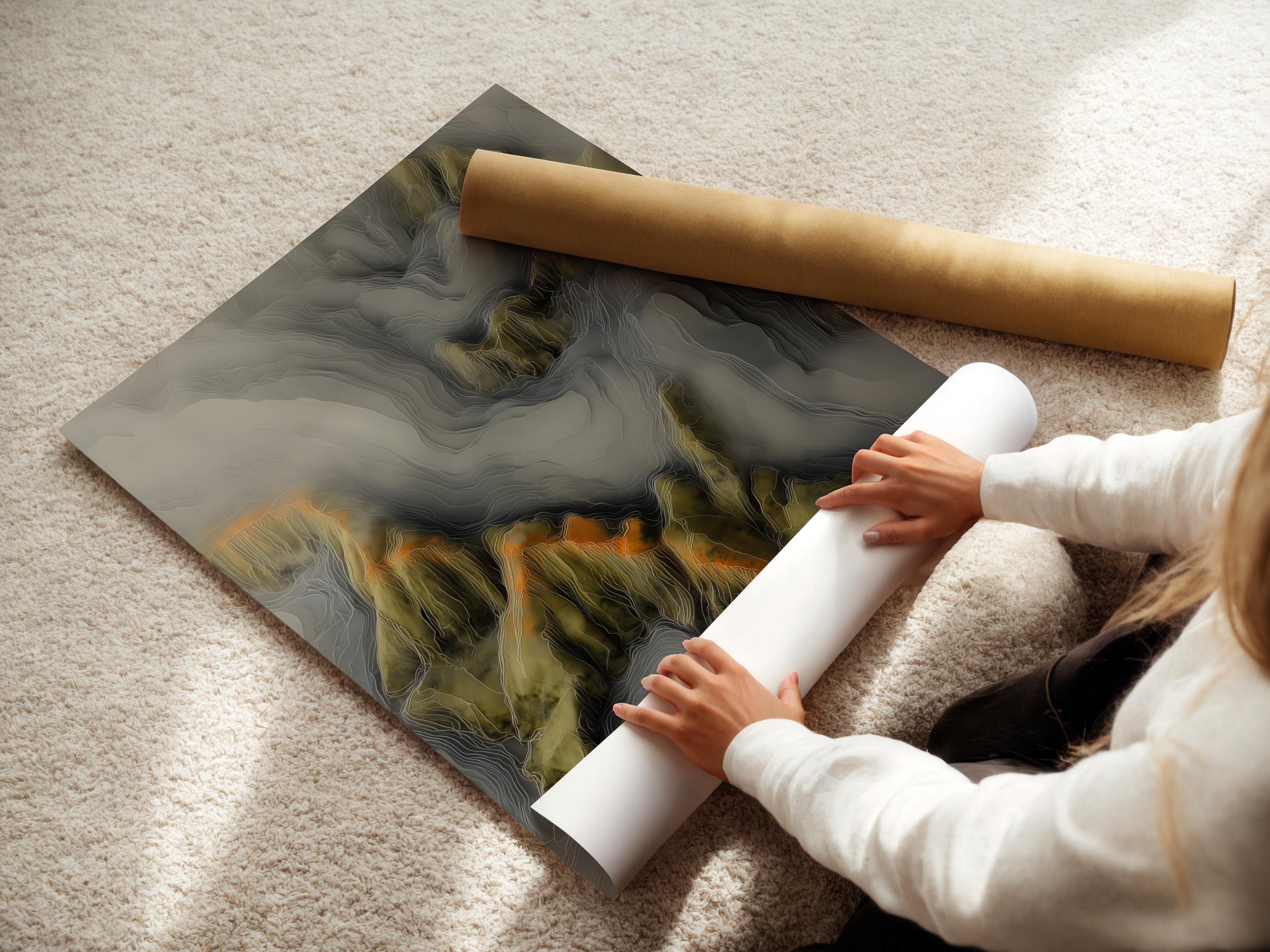 Portrait framed abstract mountainscape artwork in grey and olive green with warm amber accents