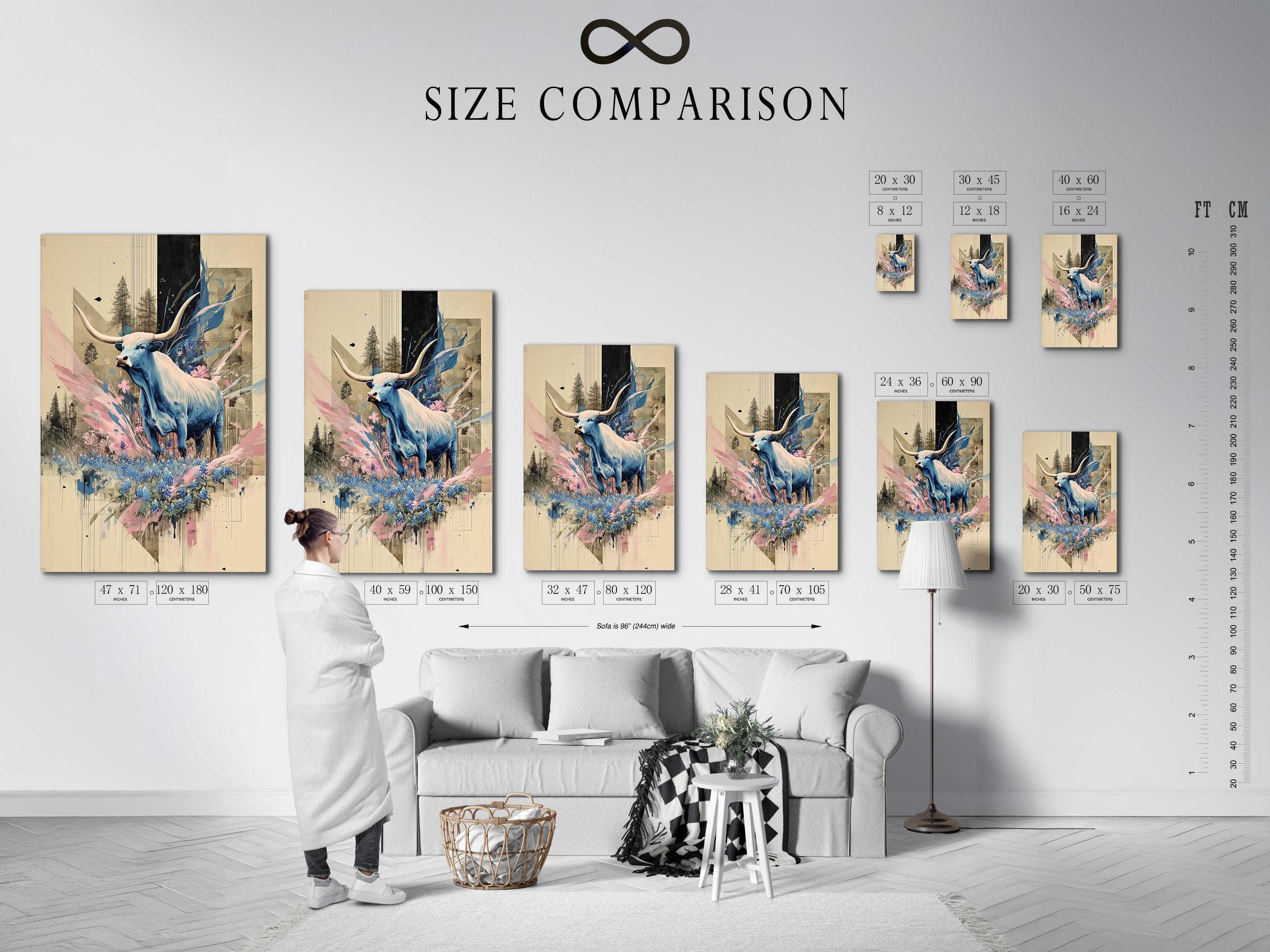 Stylised blue longhorn with horns and pink and blue flowers in a collage-like scene detail view