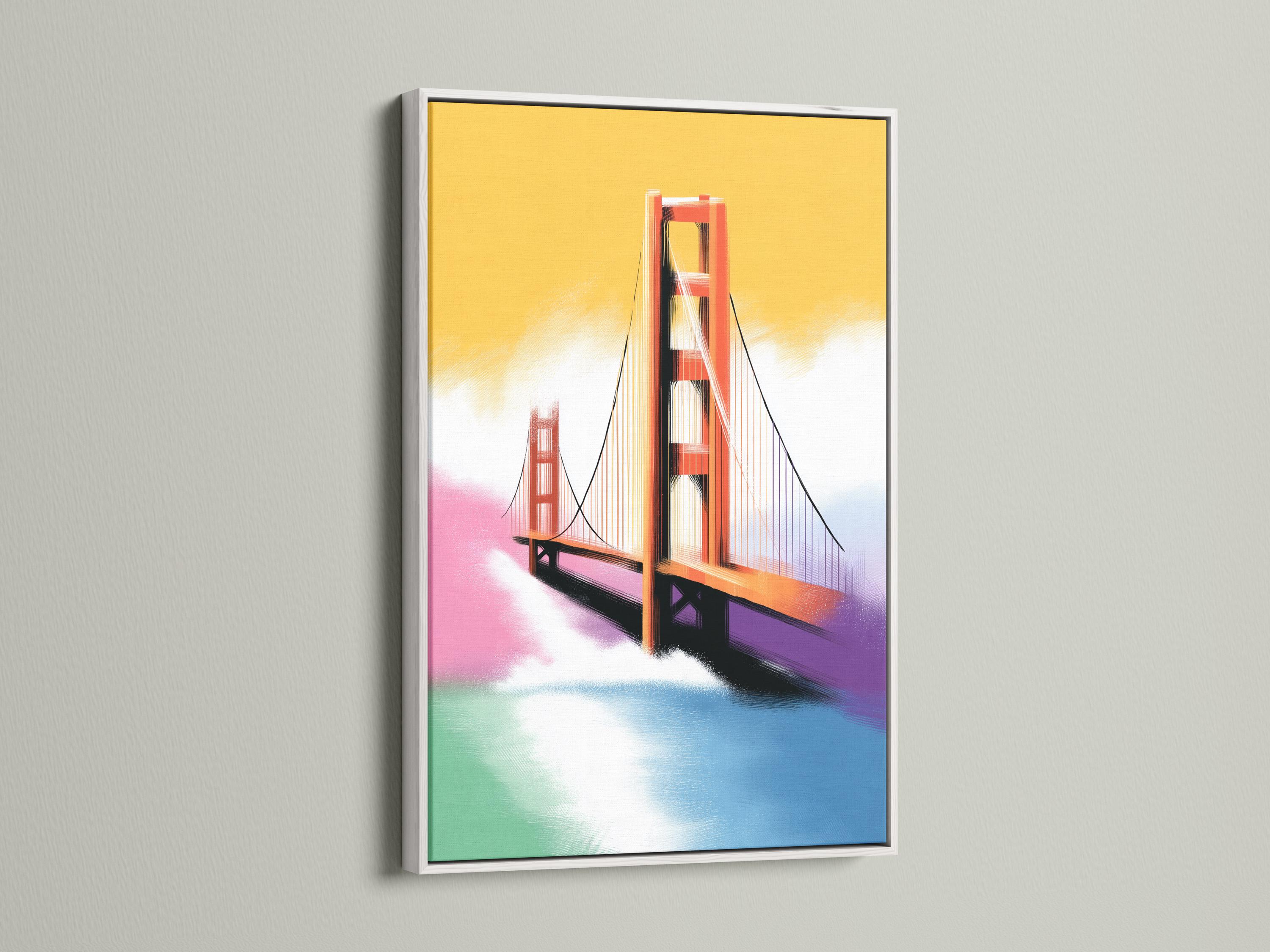 Bridge artwork in a framed display on a light background, with small colour swatches shown around it