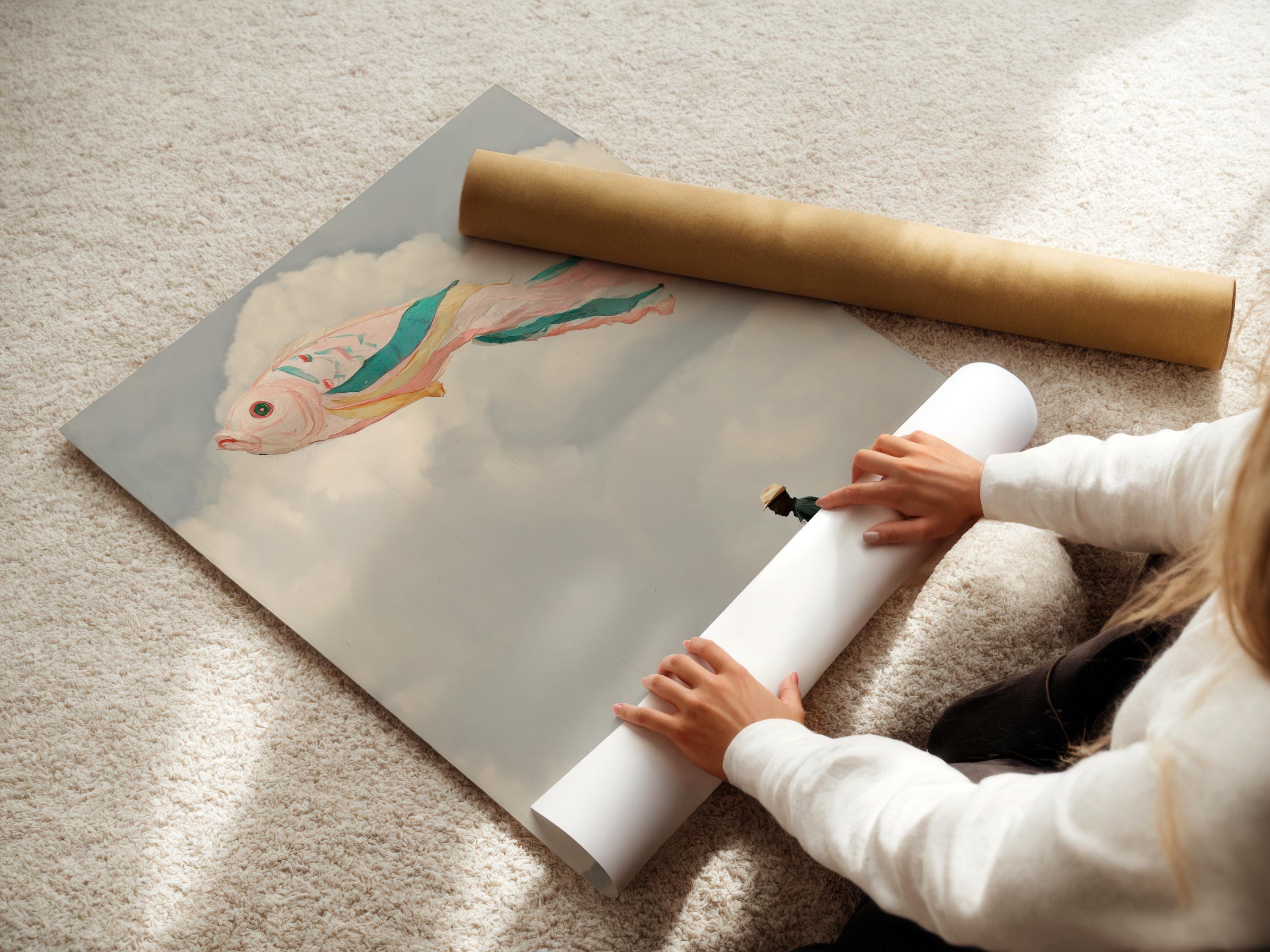 Mockup of a framed artwork showing a surreal flying fish in the sky