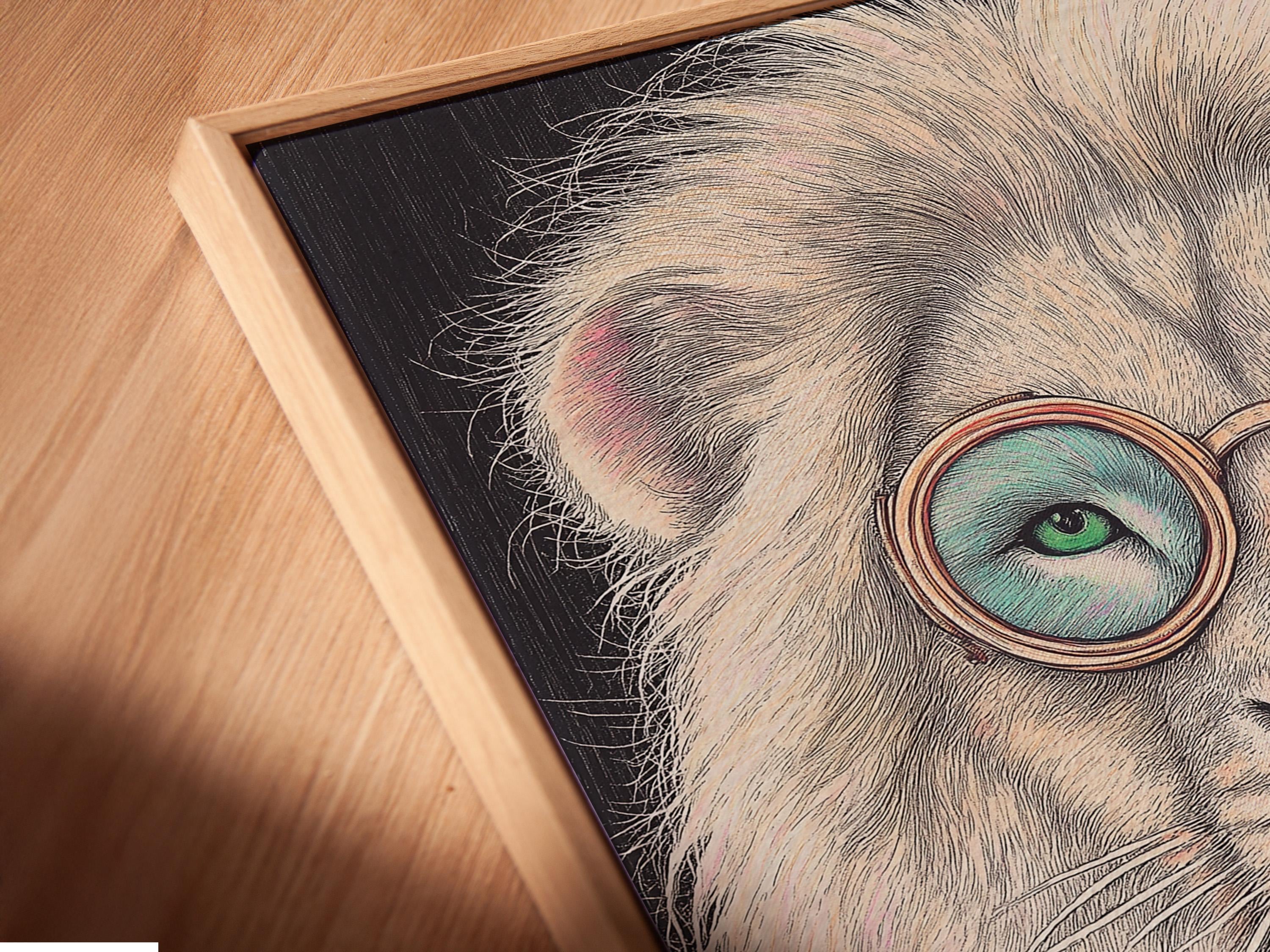 Stylised lion portrait with round glasses and a pink bow tie detail view