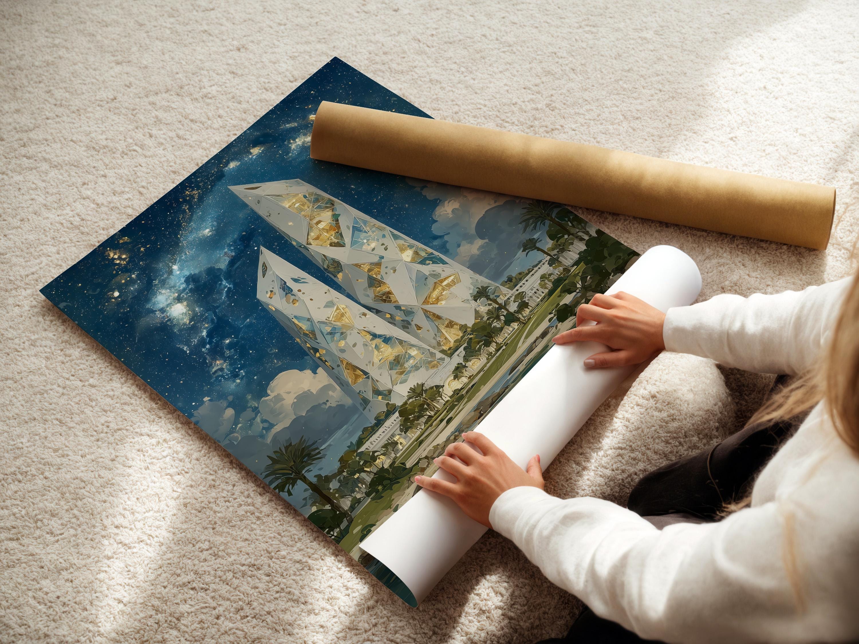 Wall mockup showing a framed artwork of glowing crystal towers over a starry night coastline