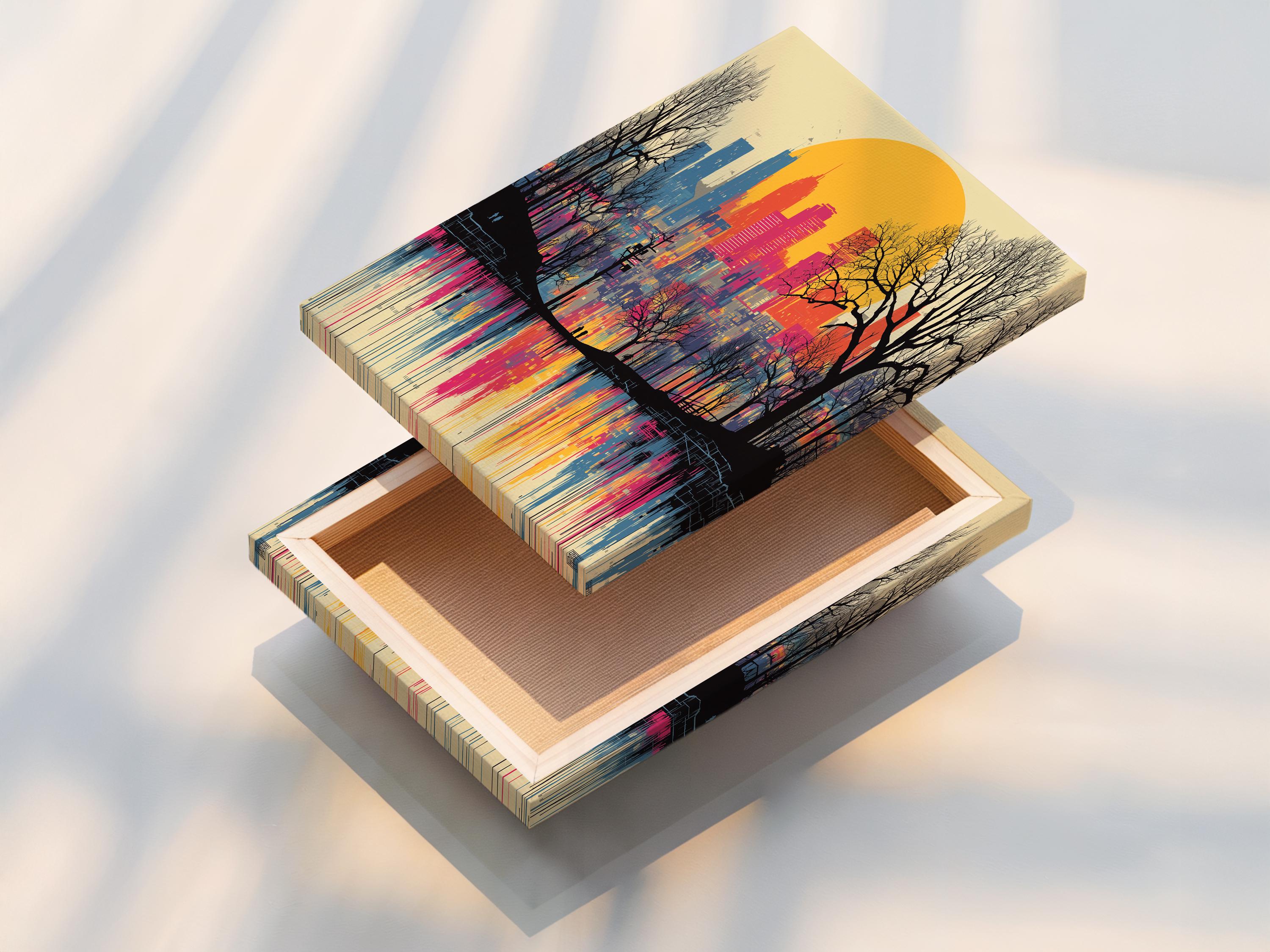 Sunset city skyline artwork in pink and blue with leafless trees and reflective water detail view