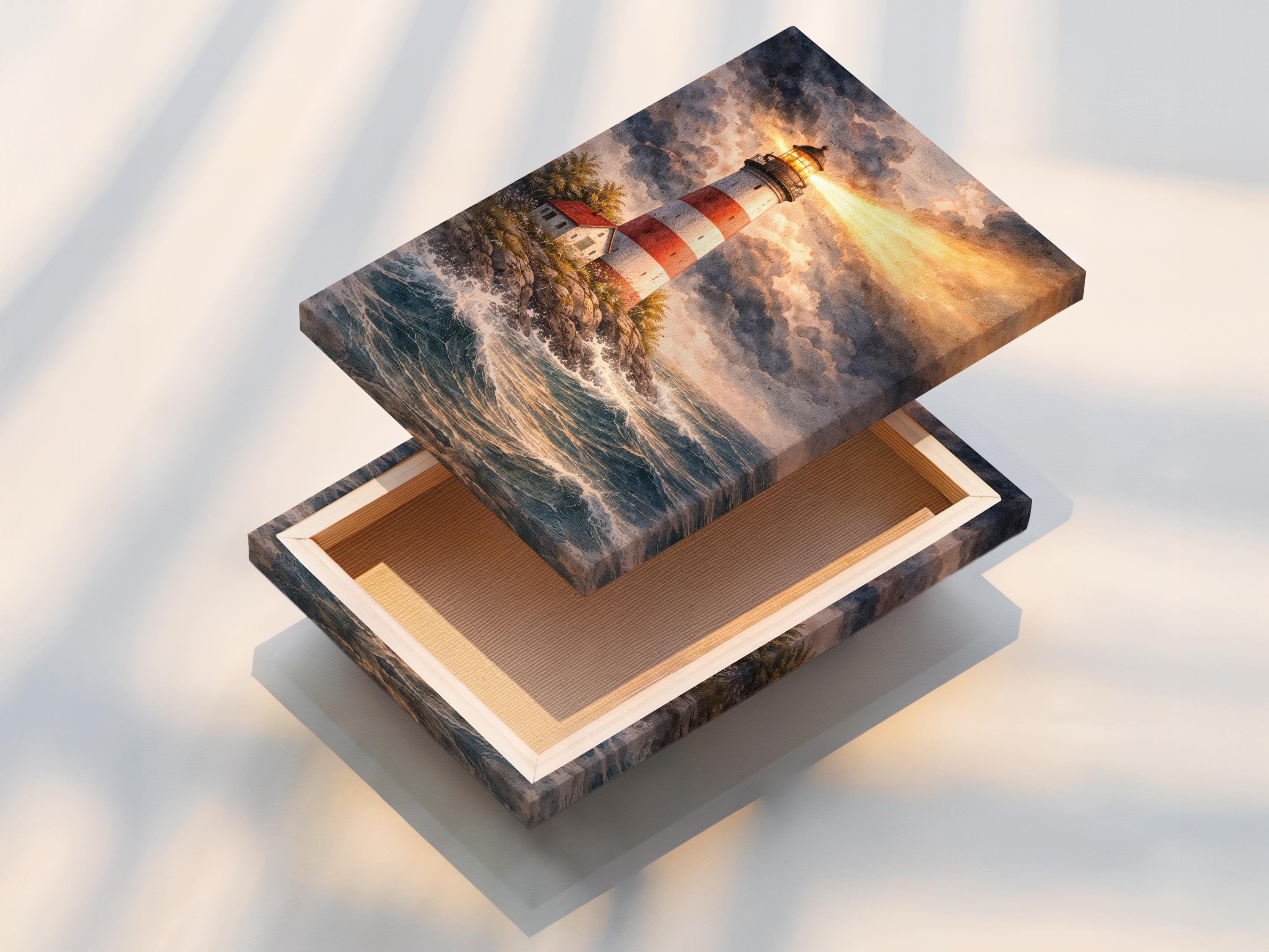 Lighthouse on a rocky coast in a stormy seascape with dark clouds and a warm golden beam detail view