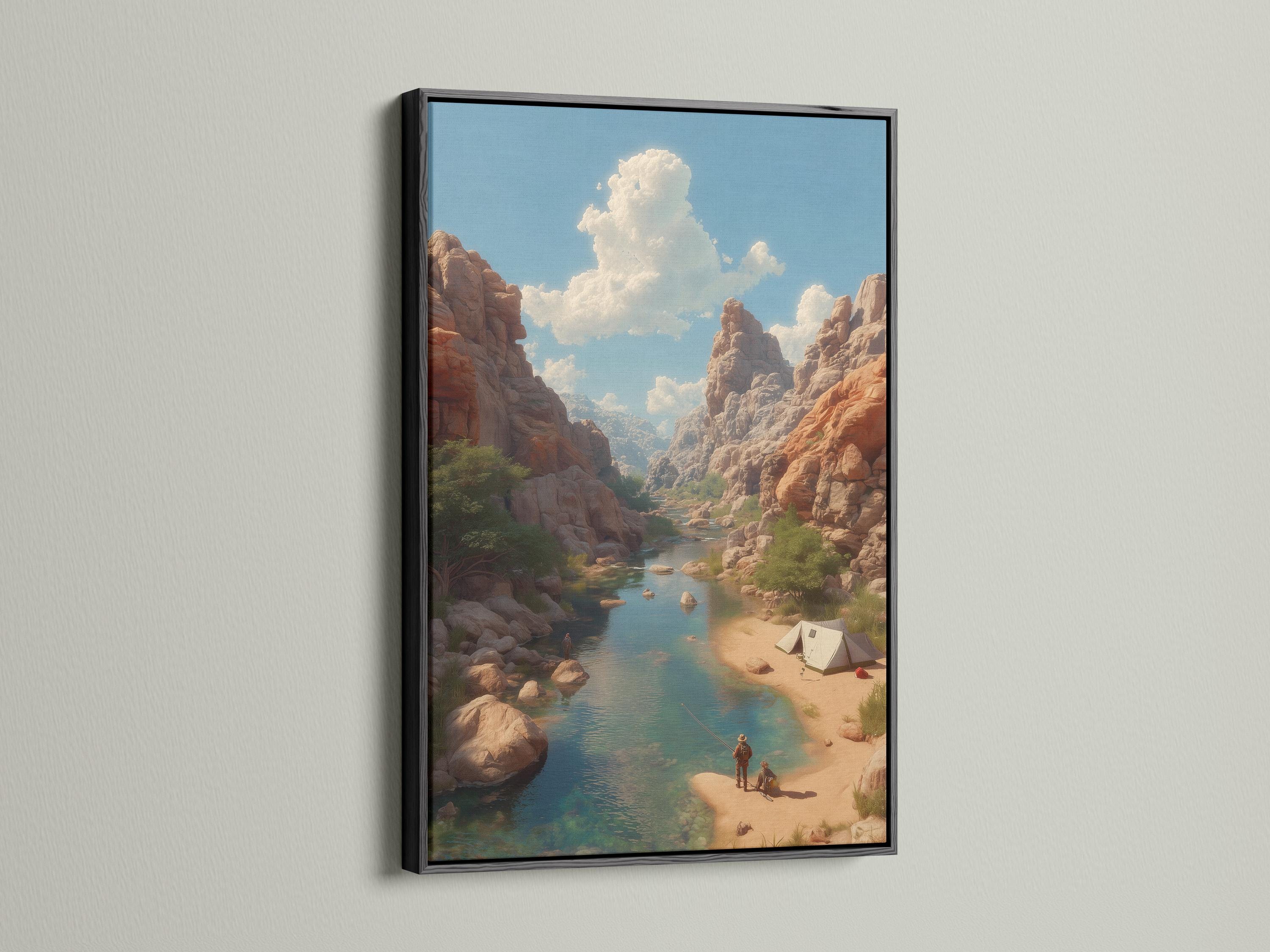 A framed desert canyon river landscape displayed with smaller preview images around it